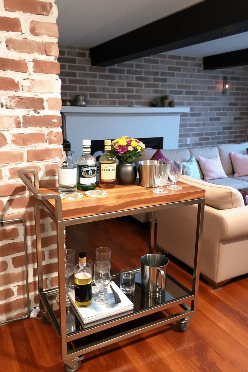 A stylish bar cart is set up for entertaining guests, featuring a sleek metallic frame and a polished wooden top. It is adorned with an assortment of premium spirits, elegant glassware, and a small ice bucket, all complemented by decorative coasters and a vibrant floral arrangement. The brick basement is transformed into a cozy lounge area, showcasing exposed brick walls that add character and warmth. Comfortable seating options, such as a plush sectional sofa and a rustic coffee table, create an inviting atmosphere perfect for relaxation and social gatherings.