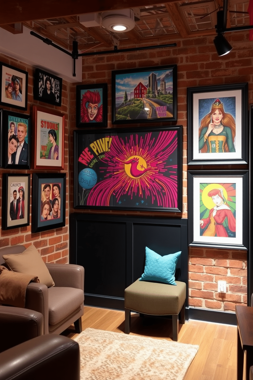 Creative wall art showcasing local artists. The walls are adorned with vibrant, framed pieces that reflect the culture and spirit of the community, creating a dynamic and engaging atmosphere. Brick basement design ideas. The space features exposed red brick walls that add warmth and character, complemented by stylish furniture and soft lighting for a cozy, inviting feel.