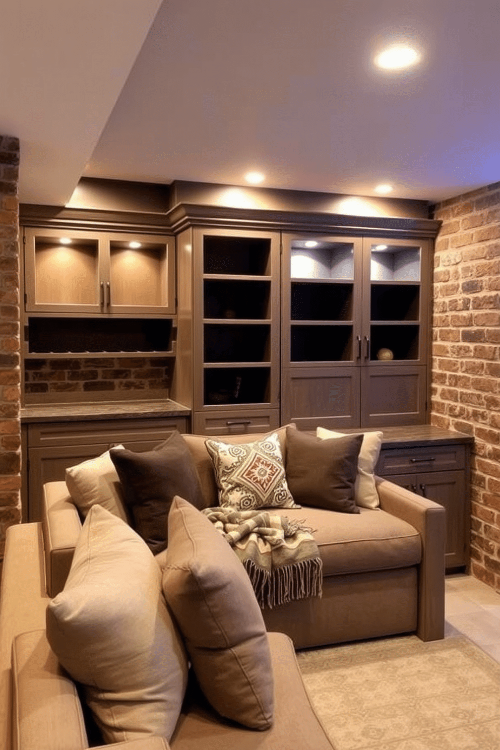 A stylish brick basement features built-in cabinetry that seamlessly blends with the rustic charm of exposed brick walls. The cabinetry is designed with a mix of open shelves and closed storage, providing both functionality and aesthetic appeal. Soft ambient lighting highlights the unique textures of the brick, creating a warm and inviting atmosphere. A cozy seating area is arranged in front of the cabinetry, adorned with plush cushions and a decorative throw for added comfort.