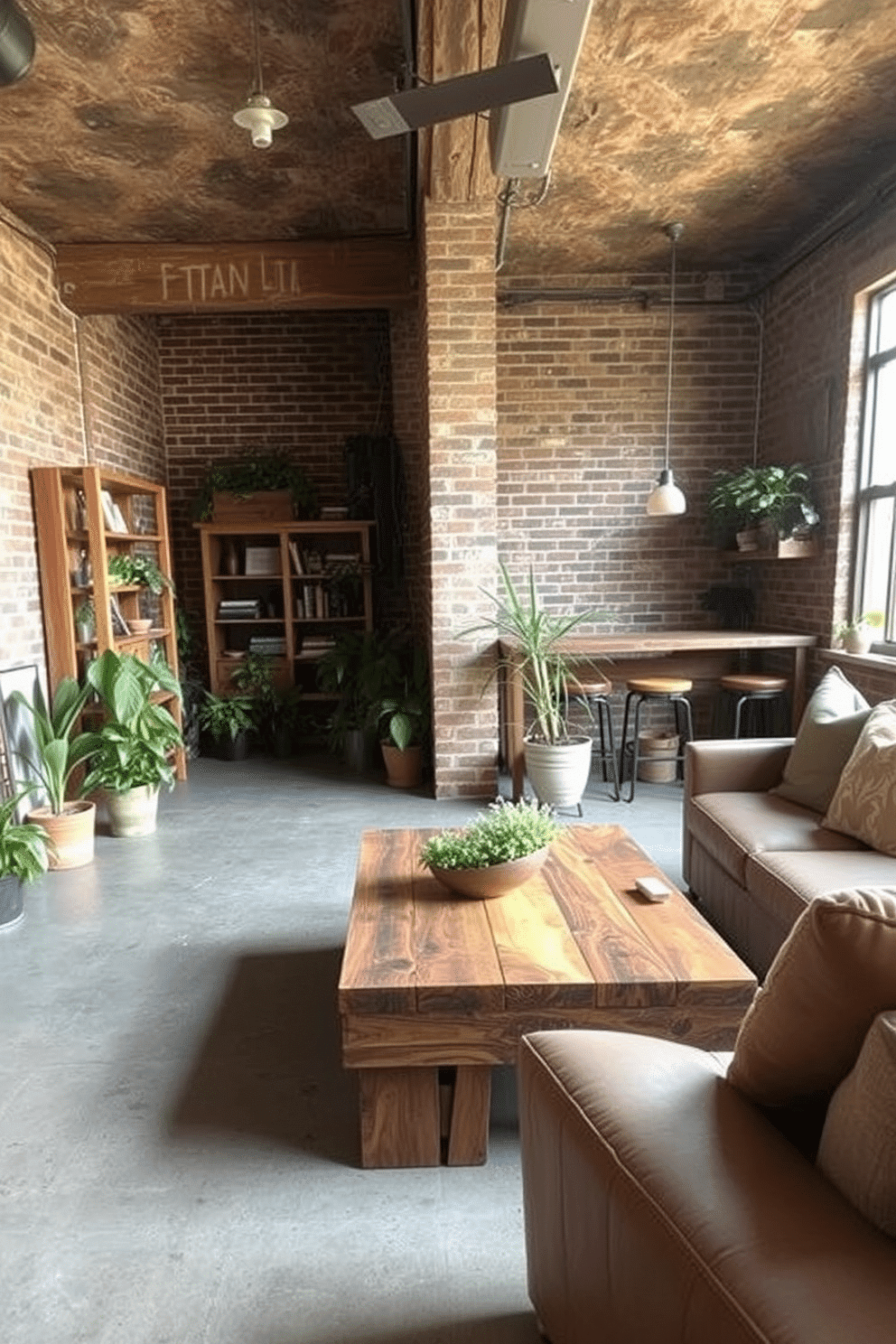 A cozy living area featuring reclaimed wood furniture, including a coffee table and bookshelves, which showcase the natural grain and texture of the wood. The space is filled with greenery from potted plants, enhancing the sustainable aesthetic and creating a warm, inviting atmosphere. An industrial-style brick basement designed for entertainment, with exposed brick walls and a polished concrete floor. The area includes a comfortable seating arrangement with a large sectional sofa and a rustic bar area made of reclaimed materials, perfect for gatherings with friends and family.