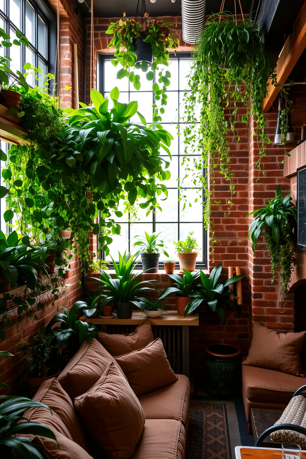 A vibrant indoor garden filled with various lush green plants, cascading from shelves and hanging planters. Soft natural light filters through a large window, illuminating the rich textures of the leaves and creating a tranquil atmosphere. A cozy brick basement designed for relaxation and entertainment, featuring exposed brick walls and warm wooden accents. Plush seating arrangements and ambient lighting create an inviting space, perfect for gatherings or quiet evenings.