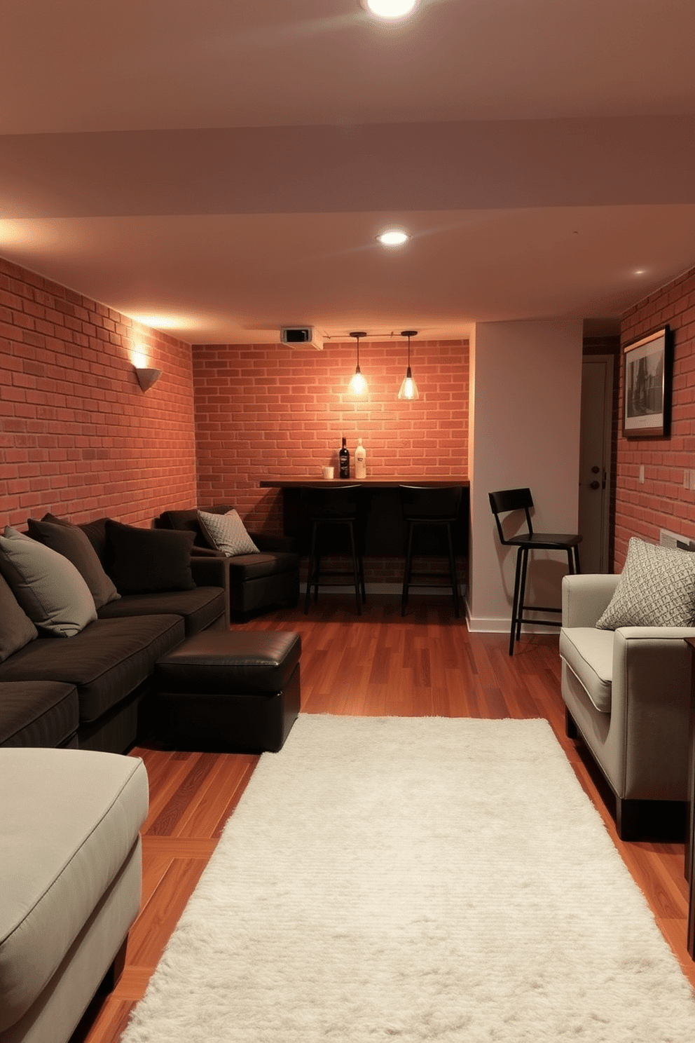 A warm and inviting brick basement features soft, ambient lighting that creates a cozy atmosphere. The walls are adorned with exposed red bricks, while plush seating arrangements with oversized cushions invite relaxation. In one corner, a stylish bar area showcases a wooden counter with high stools, illuminated by pendant lights. The flooring is a rich hardwood, complemented by a large, textured area rug that adds warmth and comfort to the space.