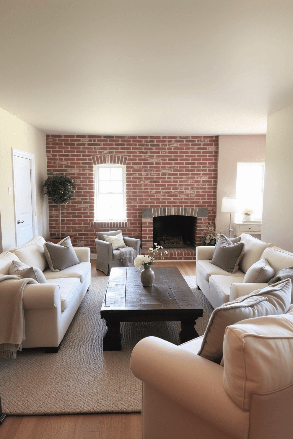 A serene brick basement retreat featuring a neutral color palette that enhances the calming atmosphere. Soft beige walls complement the exposed brick, while plush cream sofas are arranged around a rustic wooden coffee table. Natural light filters in through strategically placed windows, illuminating the space with a warm glow. Cozy throws and accent pillows in muted tones add texture and comfort to the seating area.