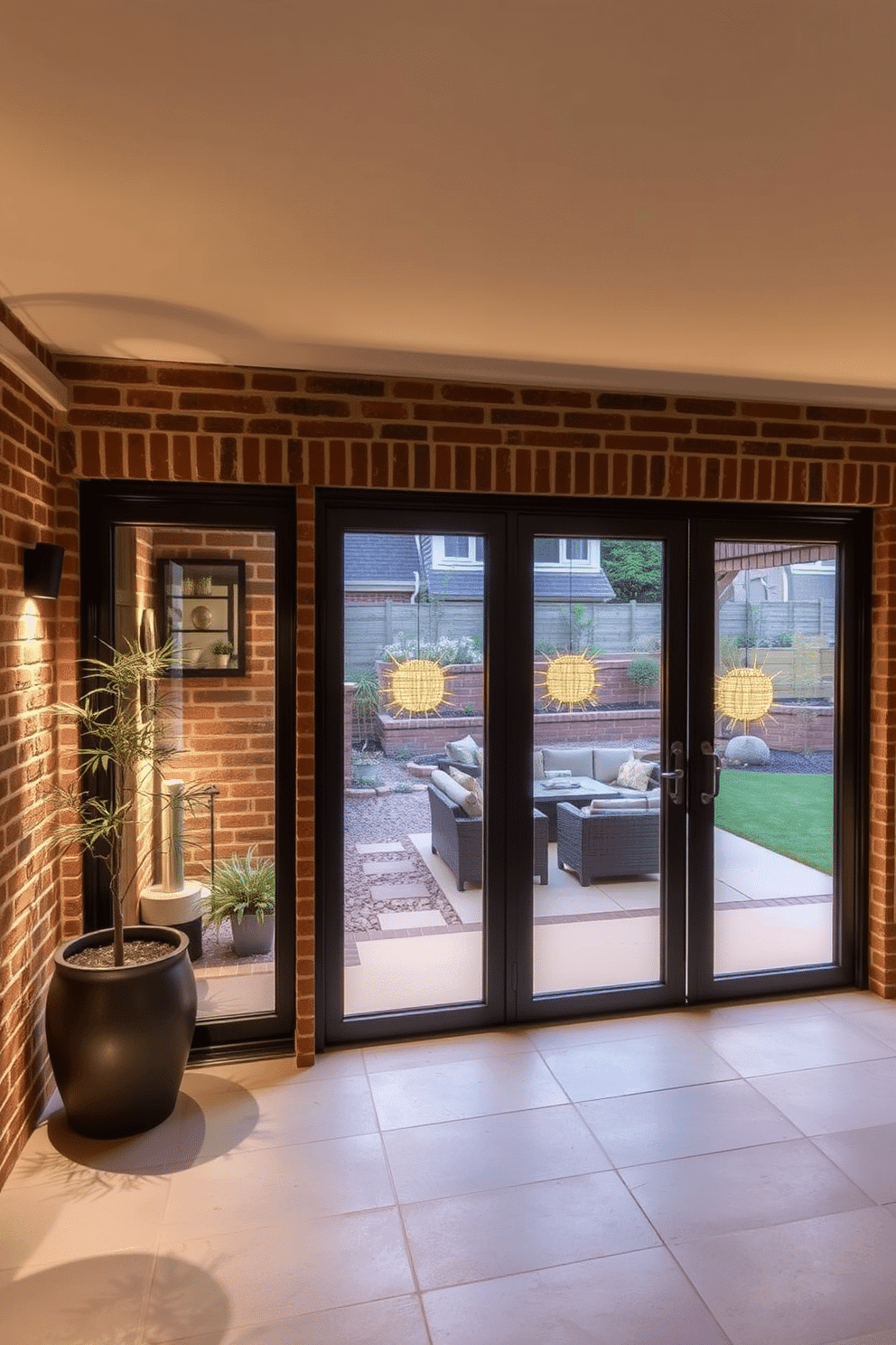 A modern brick basement featuring large glass doors that open to a beautifully landscaped outdoor area. The space is illuminated with warm lighting, creating a cozy atmosphere, while exposed brick walls add character and texture.