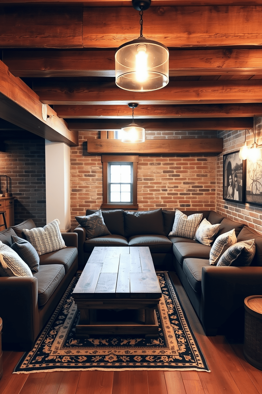 A cozy basement retreat featuring rustic wood beams that contrast beautifully with exposed brick walls. The space is illuminated by warm pendant lights, creating an inviting atmosphere perfect for relaxation and entertainment. A comfortable seating area includes a large sectional sofa adorned with textured throw pillows, positioned around a reclaimed wood coffee table. A vintage rug adds warmth to the floor, enhancing the rustic charm of the design.