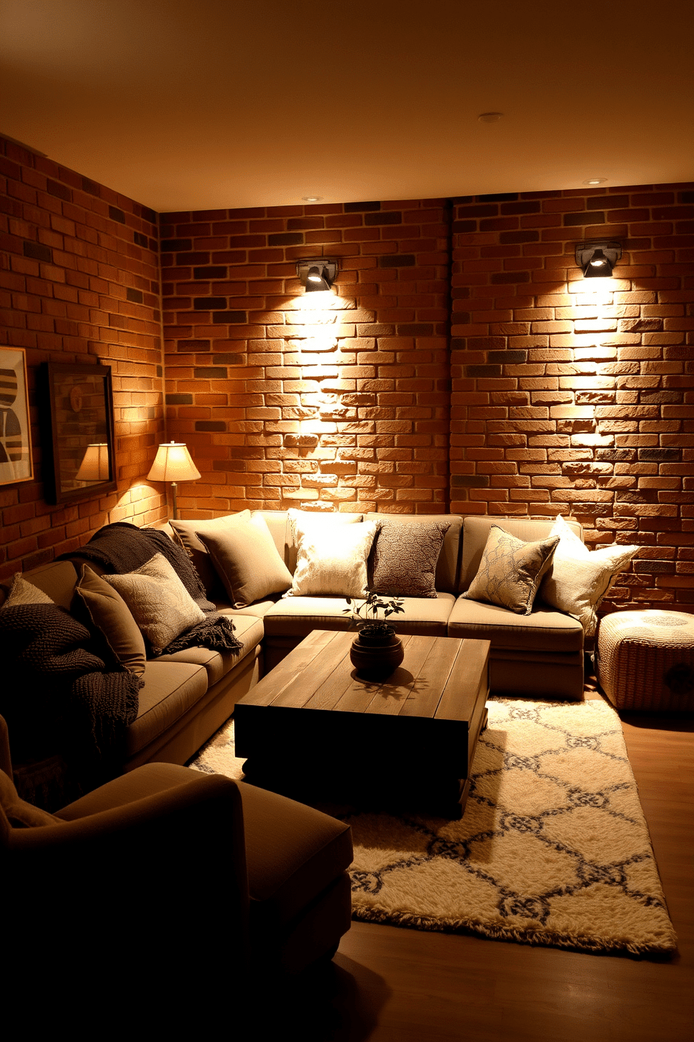 A cozy brick basement designed for relaxation and entertainment. The space features a plush sectional sofa adorned with textured throws and an array of decorative pillows in warm tones. Warm ambient lighting illuminates the exposed brick walls, creating a welcoming atmosphere. A rustic coffee table sits in the center, surrounded by soft area rugs that add comfort underfoot.