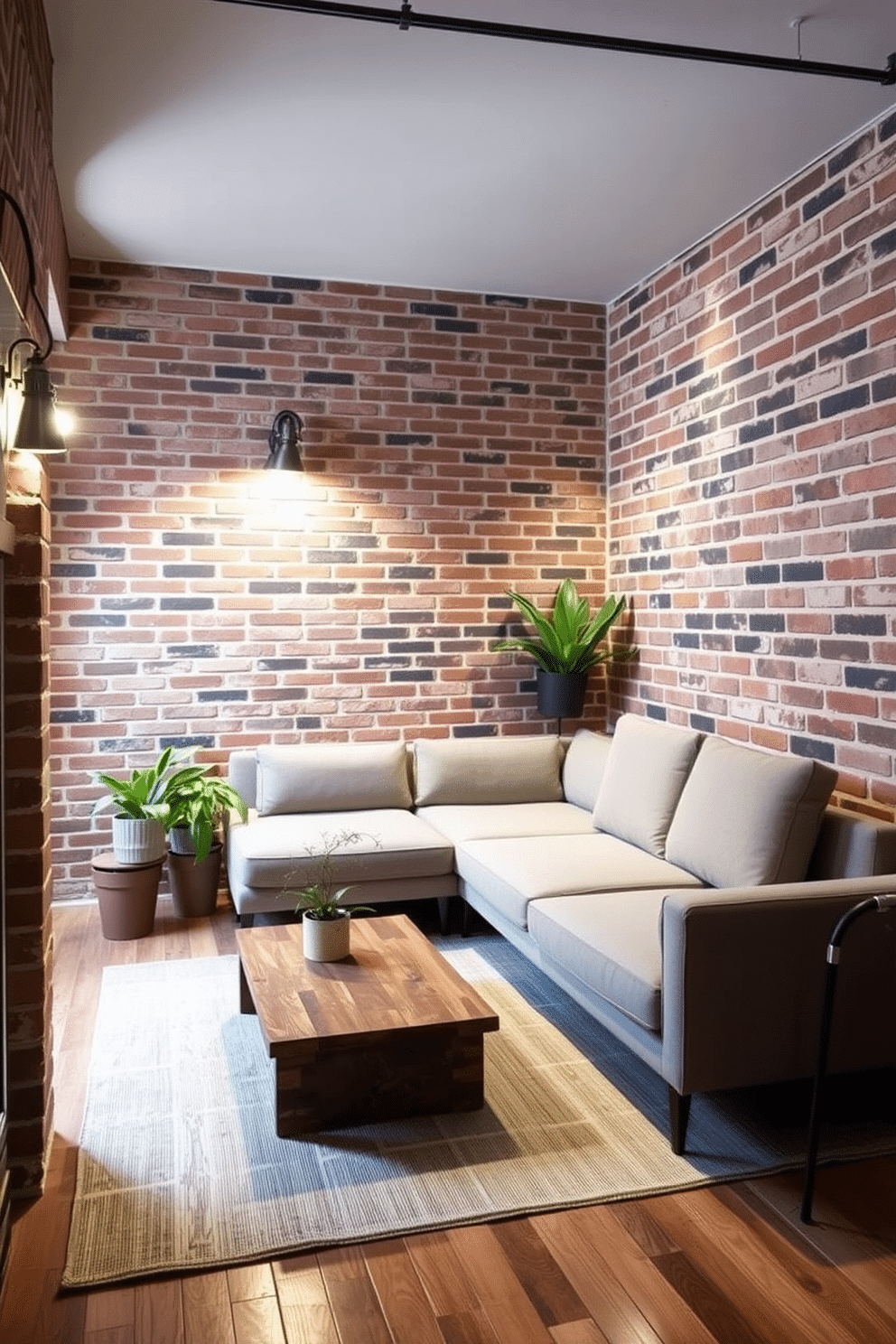 A minimalist brick basement design features exposed brick walls that create an industrial yet warm atmosphere. The space is furnished with a sleek, low-profile sectional sofa in a neutral color, accompanied by a simple coffee table made of reclaimed wood. Strategically placed lighting fixtures illuminate the room without overwhelming the aesthetic, highlighting the brick texture. A few potted plants add a touch of greenery, enhancing the open feel while maintaining the minimalist approach.