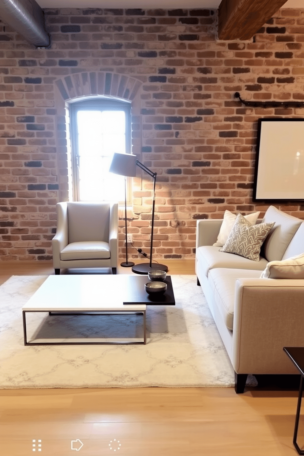 A pair of elegant accent chairs upholstered in a soft, textured fabric are positioned near a sleek, modern coffee table. The chairs are complemented by a stylish floor lamp that casts a warm glow, creating a cozy reading nook in the corner of the room. The brick basement features exposed brick walls that add a rustic charm, paired with contemporary furnishings for a balanced look. A plush sectional sofa anchors the space, while a large area rug defines the seating area, inviting relaxation and social gatherings.