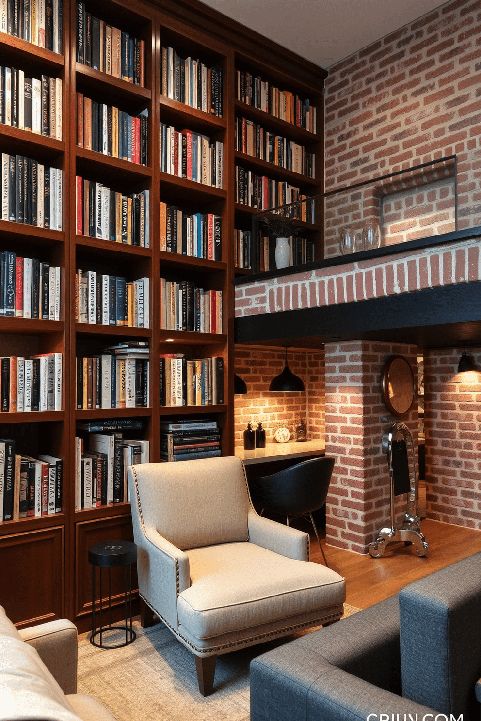 A cozy reading nook featuring floor-to-ceiling bookshelves filled with a diverse collection of books. The shelves are made of rich mahogany wood, and a comfortable armchair upholstered in soft fabric is positioned nearby, creating an inviting space for book lovers. A stylish brick basement designed for relaxation and entertainment. The exposed brick walls provide a rustic charm, complemented by modern furniture, ambient lighting, and a small bar area for hosting friends and family.