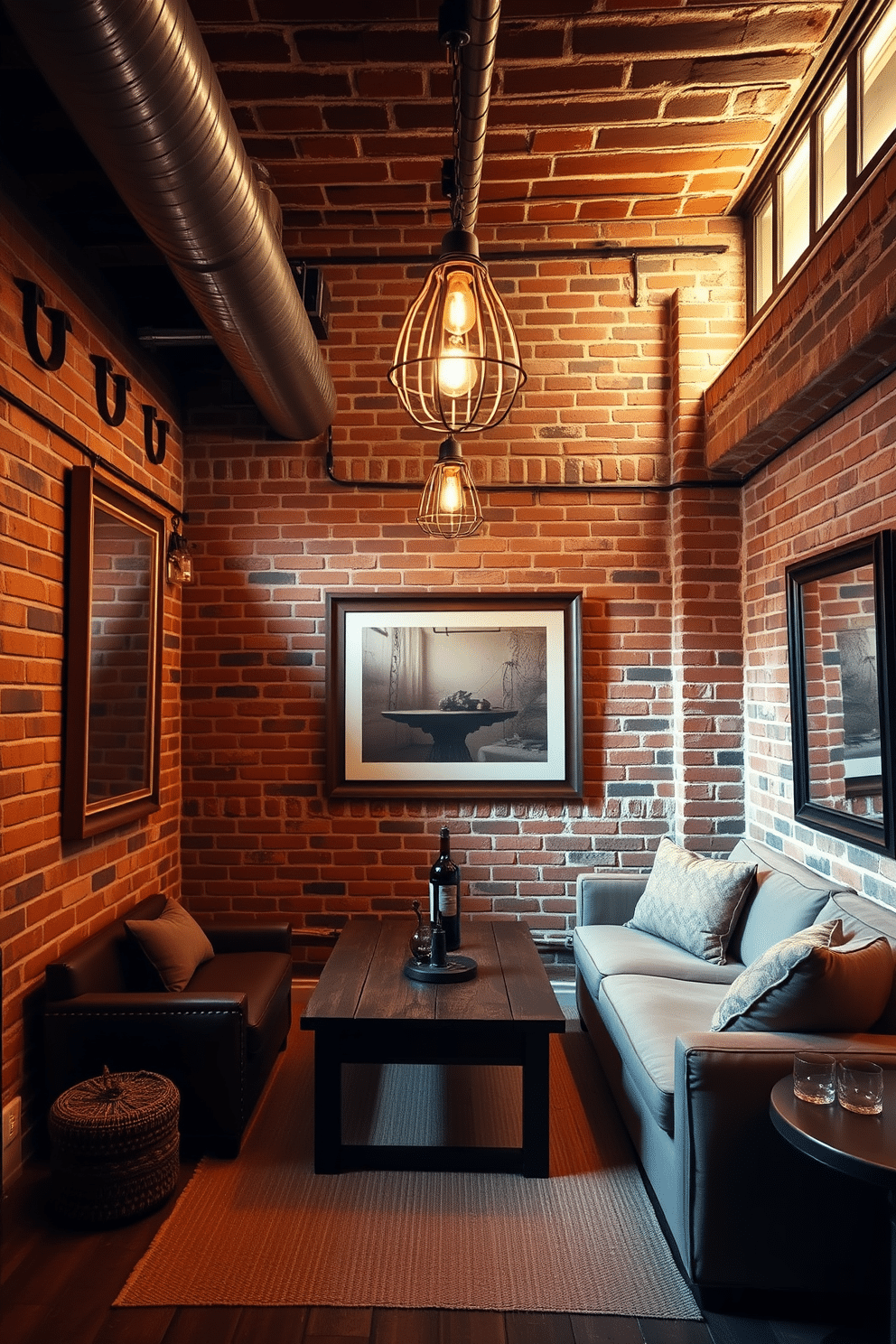 A cozy brick basement designed for relaxation and entertainment. The walls are adorned with exposed red bricks, creating a warm and inviting atmosphere, while large framed mirrors strategically placed enhance the natural light and open up the space. The basement features a comfortable seating area with plush sofas and a rustic coffee table. Ambient lighting fixtures hang from the ceiling, complementing the natural textures of the brick and providing a perfect backdrop for gatherings.