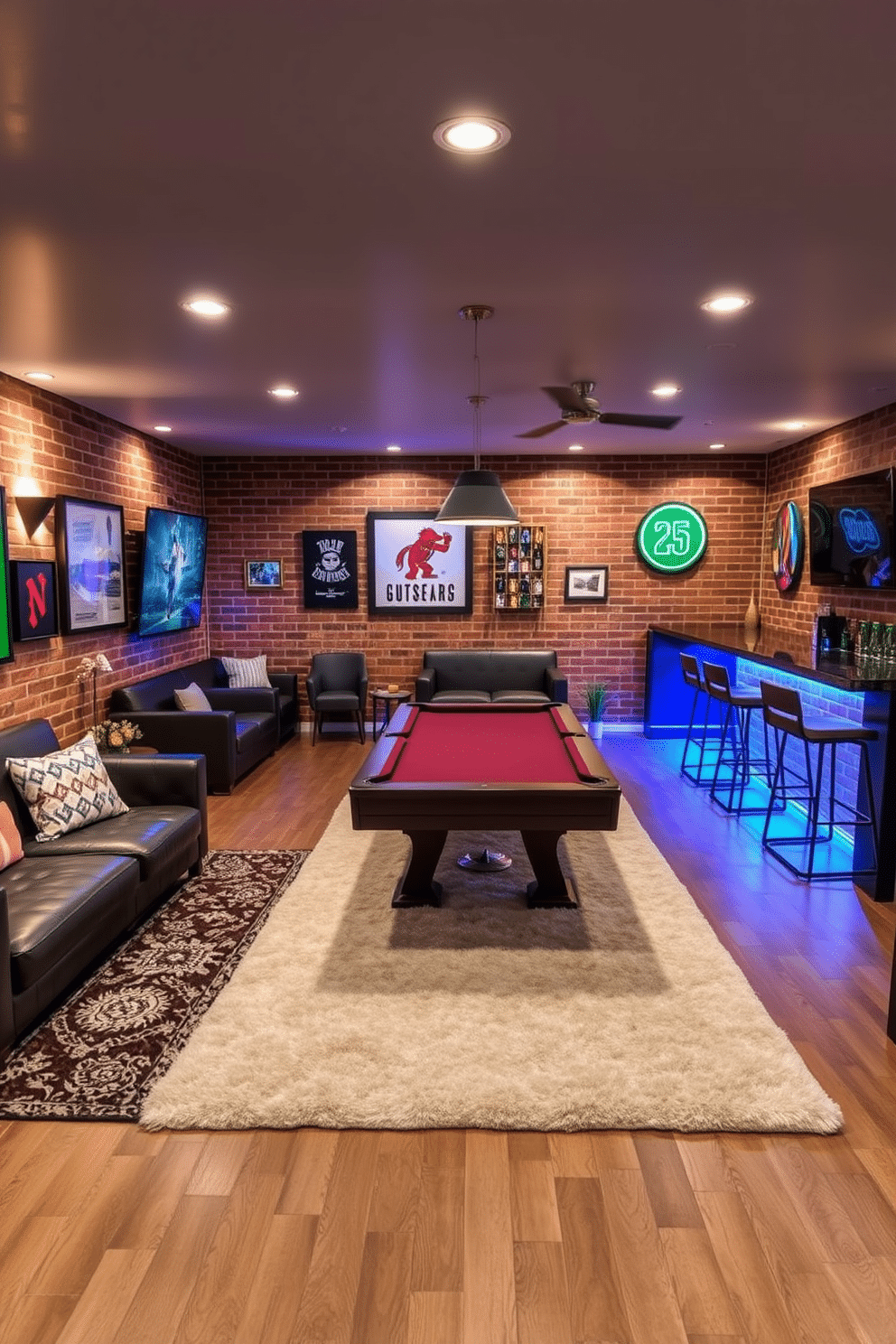 A customized game area designed for entertainment features a spacious layout with a pool table at the center, surrounded by comfortable seating. The walls are adorned with vibrant artwork and sports memorabilia, while ambient lighting creates a lively atmosphere. The brick basement design incorporates exposed brick walls that add character and warmth to the space. Plush rugs define the gaming zones, and a stylish bar area with high stools provides an inviting spot for refreshments.