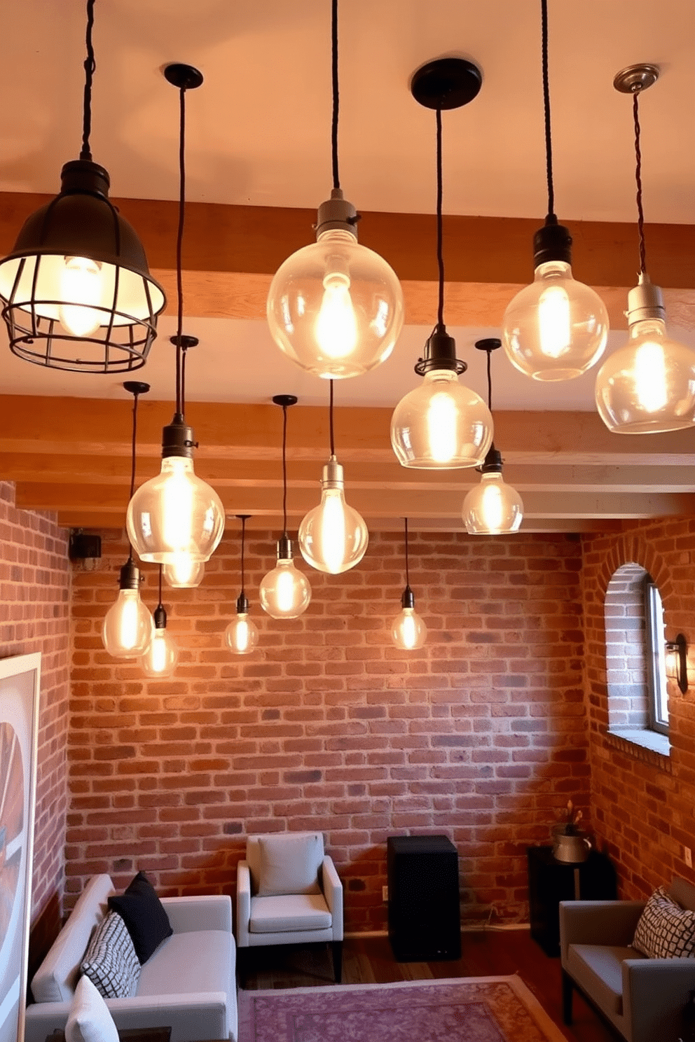 A collection of unique light fixtures hangs from the ceiling, each showcasing a different design, from industrial metal to elegant glass. The warm glow they emit creates an inviting atmosphere, highlighting the textures of the surrounding space. The brick basement features exposed walls that add rustic charm, complemented by comfortable seating areas and a cozy area rug. Soft lighting enhances the brick's natural color, while modern furnishings provide a stylish contrast to the classic materials.