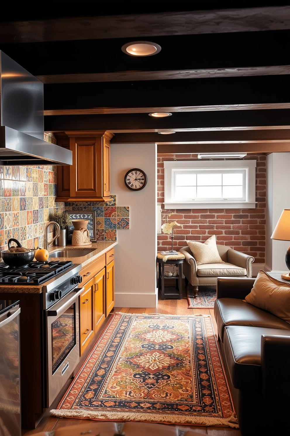 Artisan tiles in vibrant colors create a stylish backsplash that adds character and charm to the kitchen. The intricate patterns and textures of the tiles complement the warm wooden cabinetry, enhancing the overall aesthetic of the space. The brick basement features exposed red bricks that lend a rustic, cozy feel to the area. Comfortable seating arrangements, soft lighting, and strategically placed rugs transform the basement into an inviting retreat perfect for relaxation or entertaining.