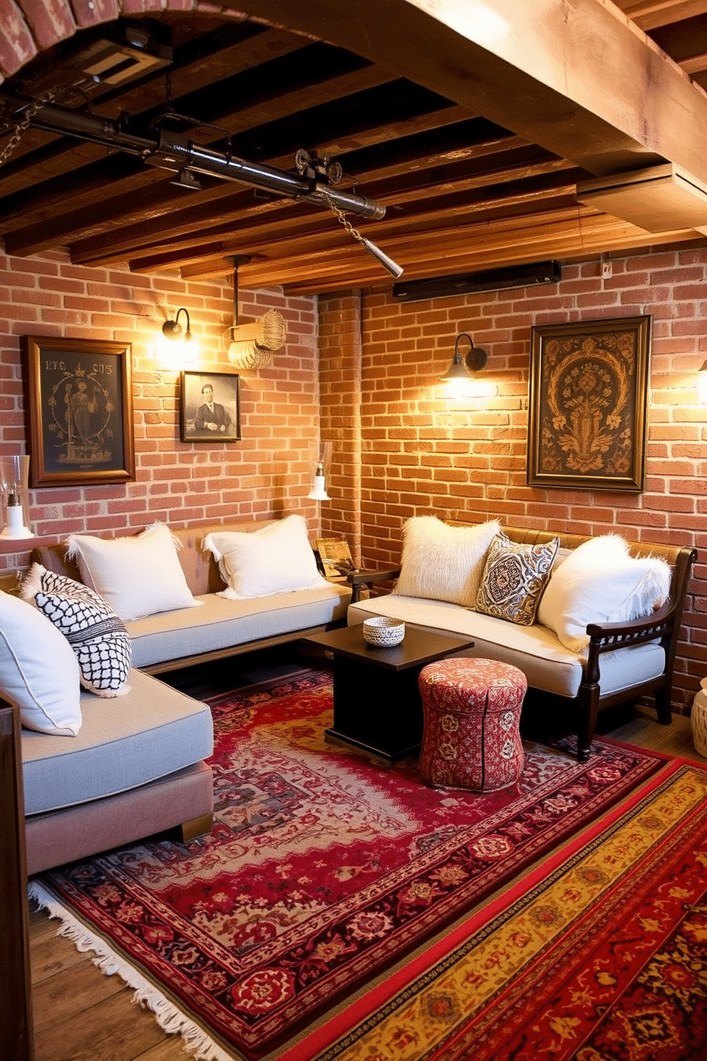 A cozy brick basement features vintage rugs that bring warmth and character to the space. The rustic charm of the exposed brick walls pairs beautifully with the intricate patterns of the rugs, creating a welcoming atmosphere. Incorporate comfortable seating areas adorned with plush cushions, inviting relaxation and social gatherings. Soft lighting fixtures enhance the ambiance, highlighting the unique textures of both the brick and the vintage rugs.