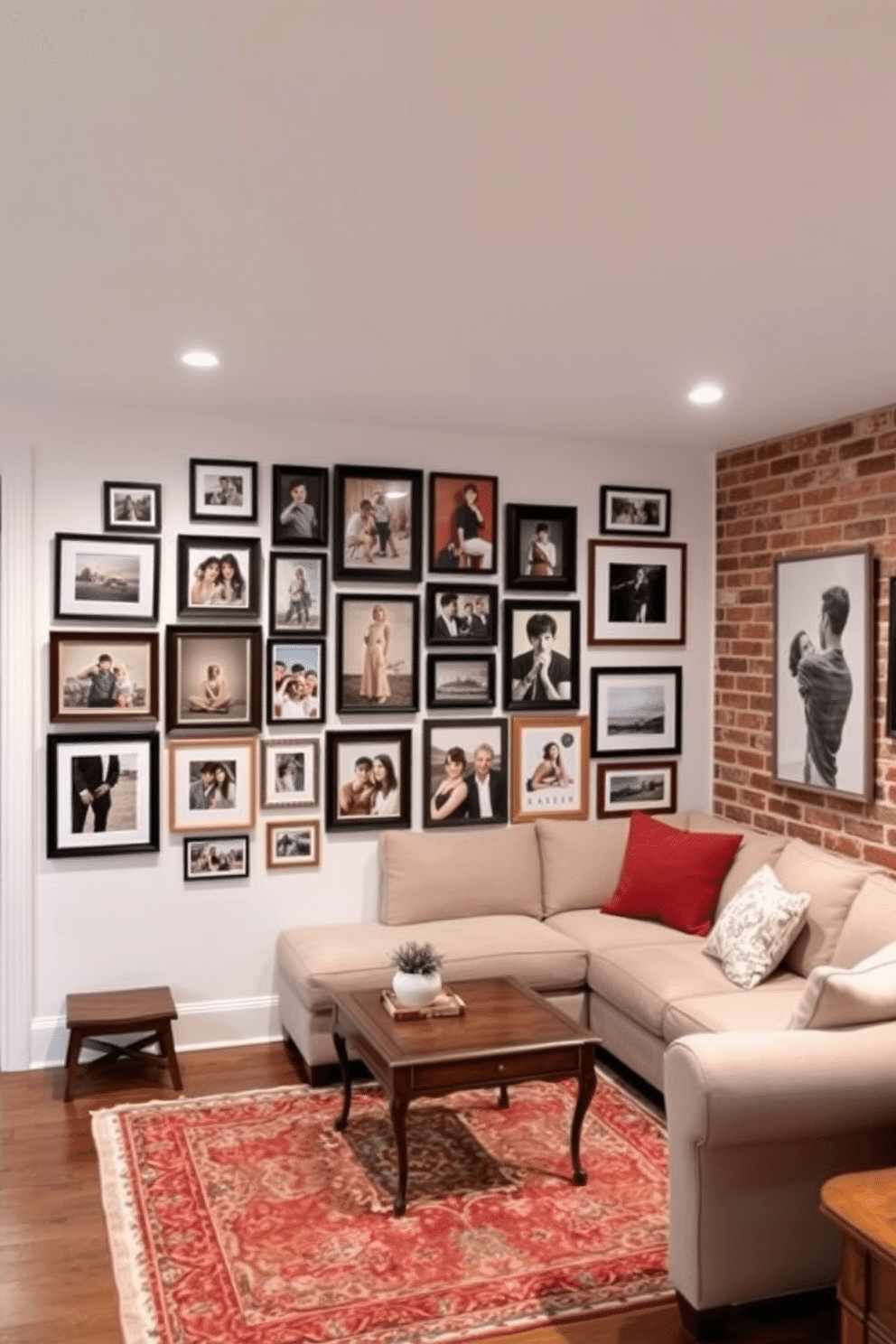 A personalized photo gallery wall showcases a curated collection of framed photographs in various sizes, arranged in an eclectic yet harmonious layout. The wall is painted in a soft white tone, allowing the vibrant colors of the photos to stand out, while warm lighting highlights each piece. The brick basement features exposed red brick walls that add a rustic charm, complemented by comfortable furniture in neutral tones. A cozy seating area is created with a plush sectional sofa, paired with a vintage coffee table, and a stylish rug to enhance the inviting atmosphere.