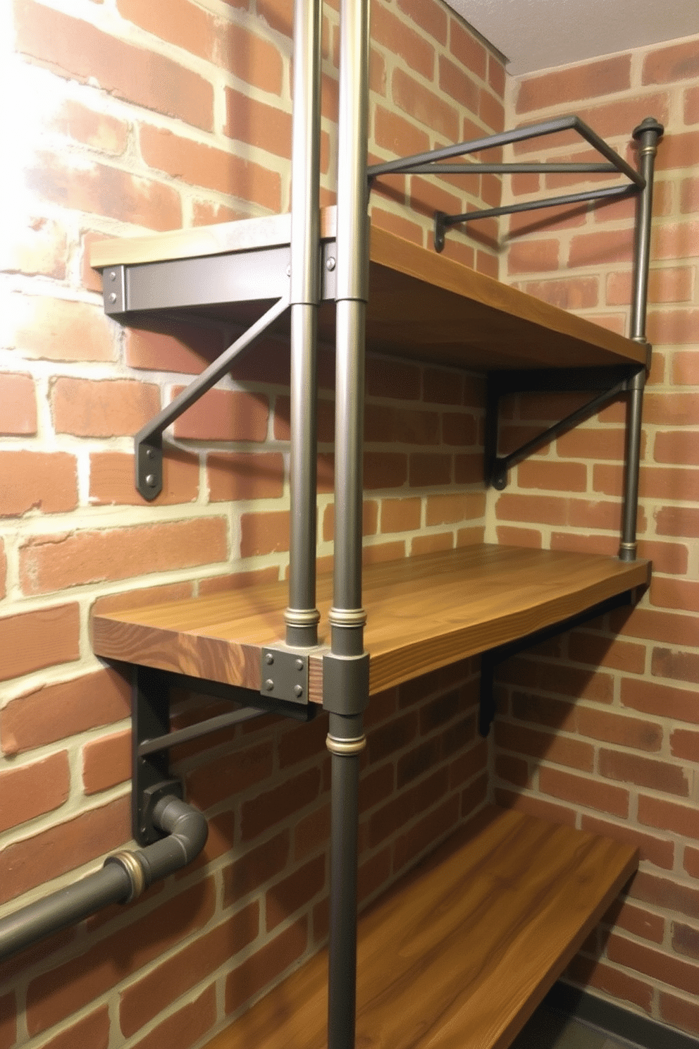 Industrial-style shelving with metal brackets. The shelves are made of reclaimed wood and feature a rugged finish, complemented by exposed piping that adds an urban edge to the space. Brick basement design ideas. The walls are adorned with exposed red brick, creating a warm and inviting atmosphere, while soft ambient lighting enhances the cozy feel of the room.