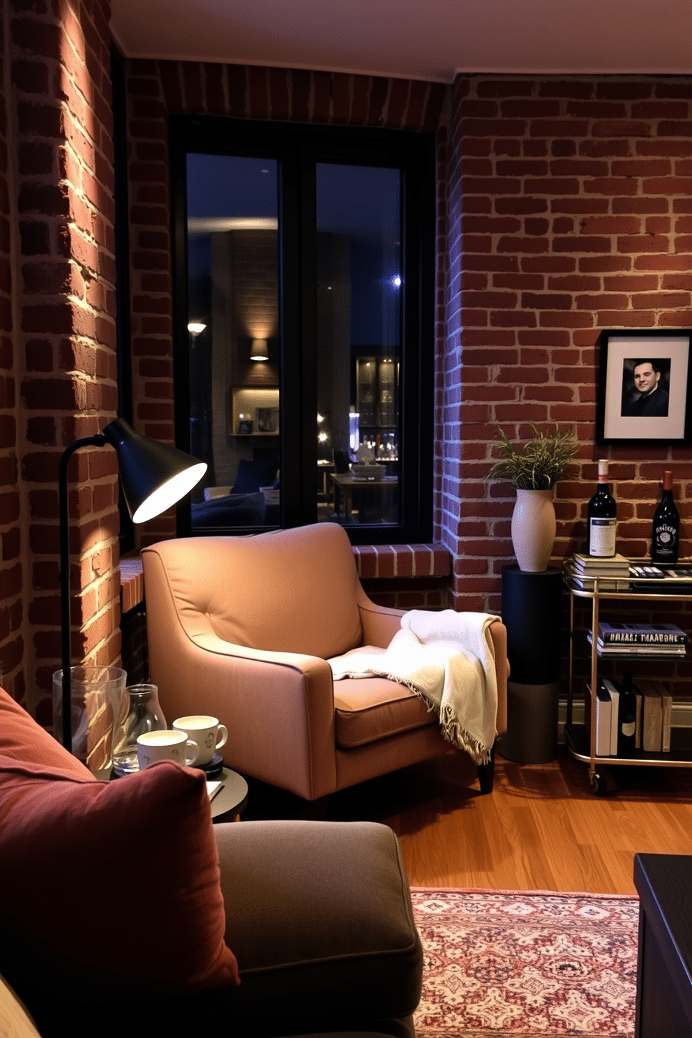 Cozy reading nook with brick backdrop. A plush armchair is positioned in front of a large window, with a soft throw blanket draped over one arm. The walls are adorned with exposed red bricks, creating a warm and inviting atmosphere. A small side table holds a stack of books and a steaming cup of tea, while a floor lamp casts a soft glow over the space. Brick Basement Design Ideas. The basement features a spacious layout with a combination of cozy seating and a modern entertainment area. Warm wooden accents and ambient lighting enhance the inviting feel, while a stylish bar cart adds a touch of sophistication.