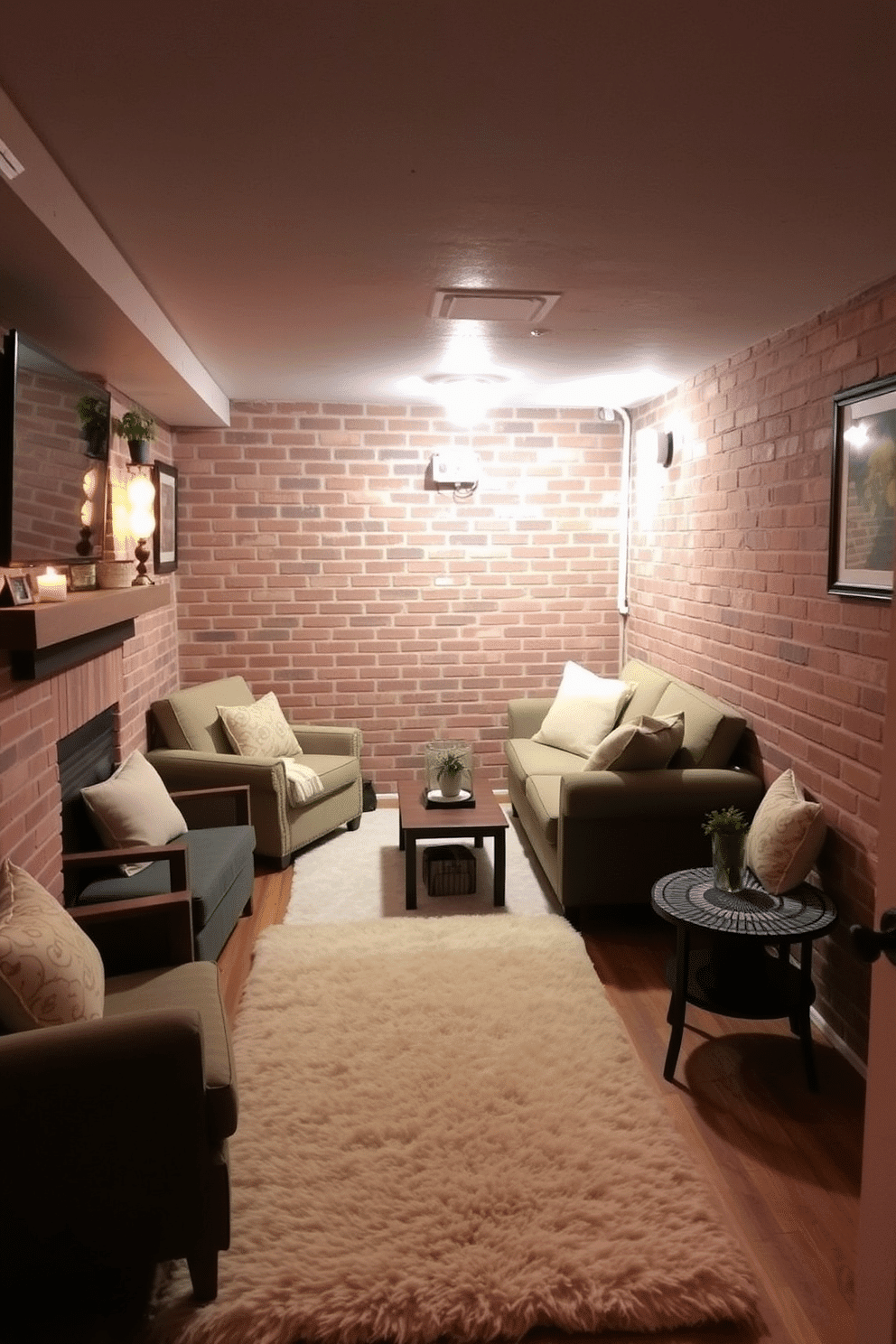 A cozy brick basement featuring a soft, plush area rug that adds warmth to the space. The walls are exposed brick, creating a rustic charm, while comfortable seating arrangements invite relaxation and socializing.