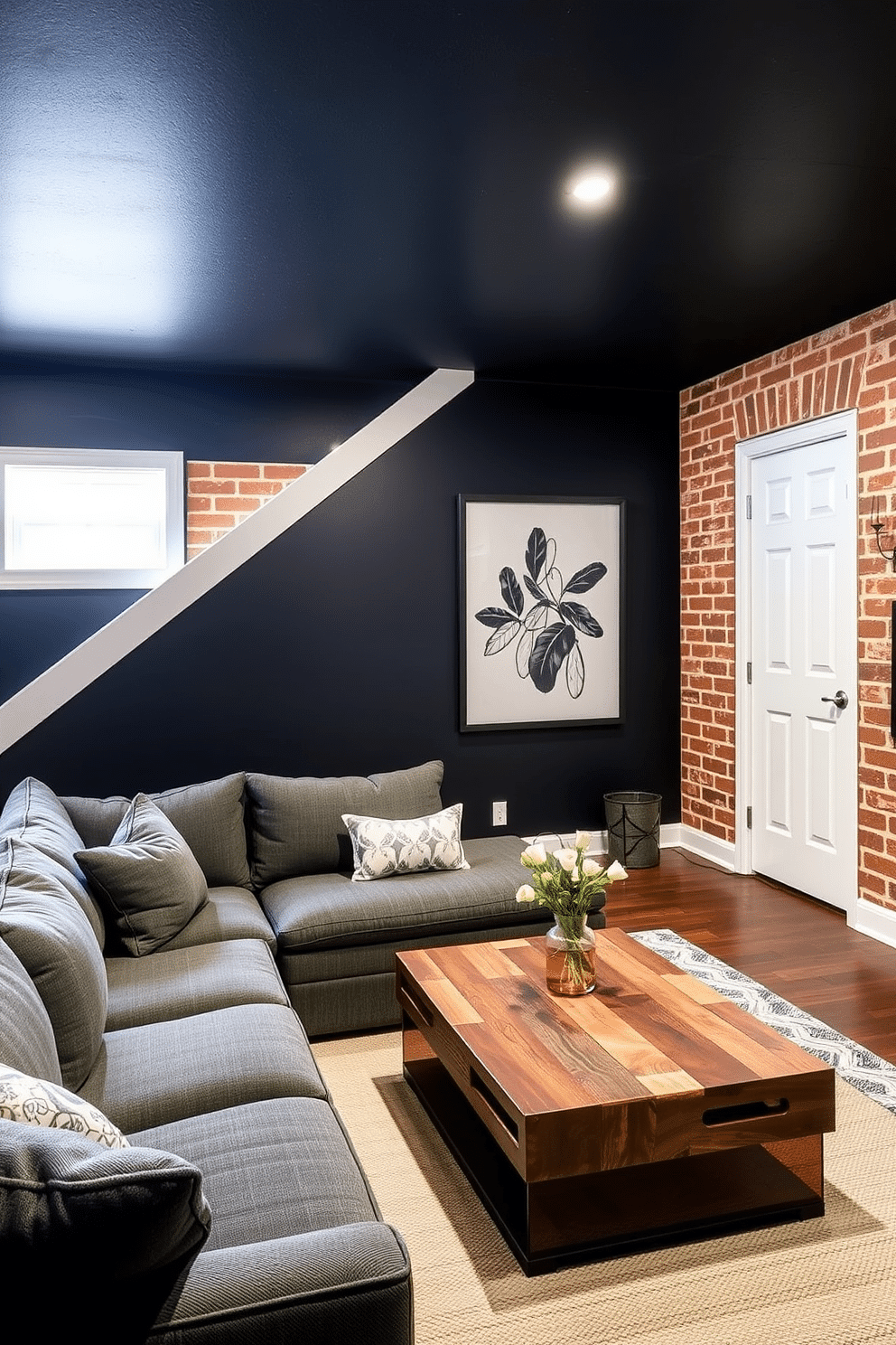 A stylish basement retreat featuring dark navy paint on the walls that beautifully contrasts with exposed red brick accents. The space is furnished with a plush sectional sofa in a deep gray fabric, complemented by a sleek coffee table made of reclaimed wood.