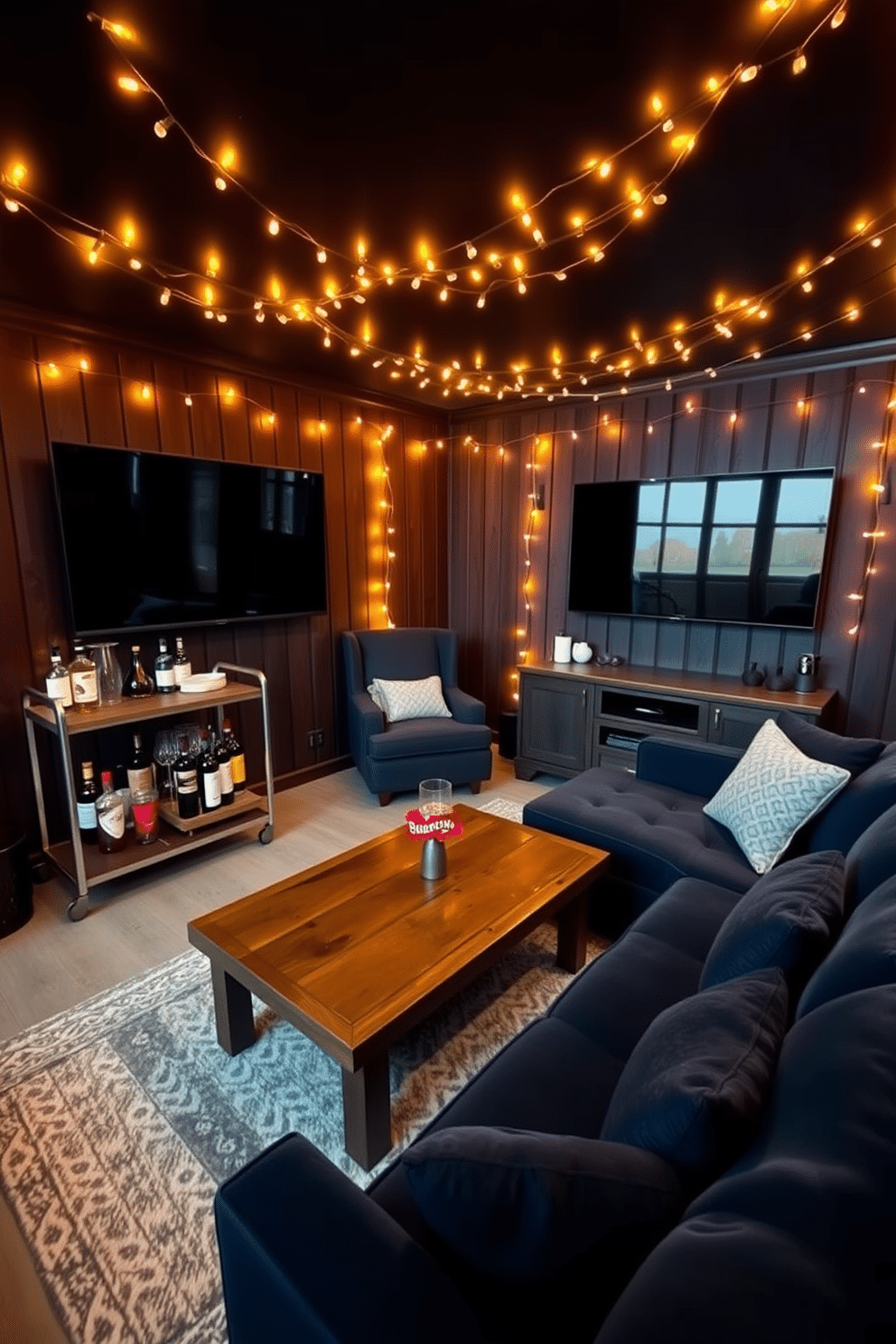 A cozy man cave filled with mood lighting created by warm string lights draped along the walls and ceiling. The space features a plush sectional sofa in a deep navy blue, complemented by a rustic wooden coffee table at the center. In one corner, a sleek bar cart is stocked with a selection of spirits and glassware, enhancing the relaxed vibe. Dark wood paneling adds warmth to the room, while a large flat-screen TV is mounted above a stylish media console for entertainment.