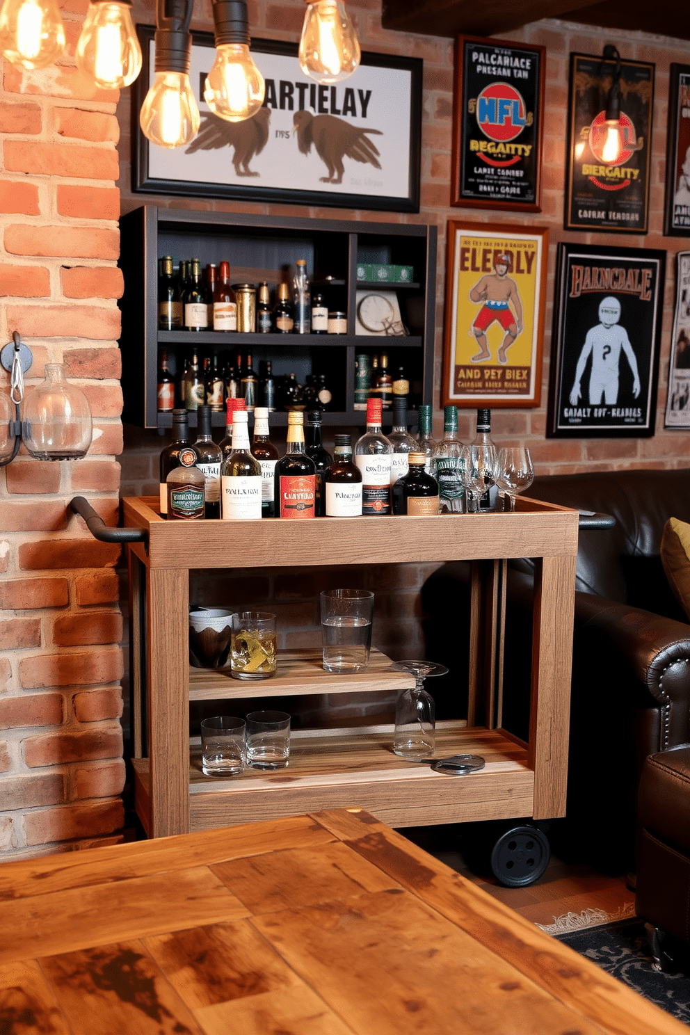 A rustic wooden bar cart is placed against a brick wall, showcasing an assortment of artisanal spirits and handcrafted glassware. The cart features a weathered finish, with iron accents and a small shelf for mixers, creating a warm and inviting atmosphere. The man cave is designed with a blend of comfort and style, featuring a plush leather sofa and a reclaimed wood coffee table. Ambient lighting from vintage-style bulbs enhances the cozy vibe, while sports memorabilia and framed posters add a personal touch to the space.