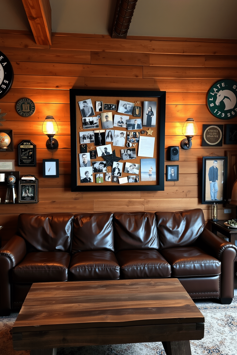 A stylish corkboard is mounted on a rustic wooden wall, showcasing a curated collection of personal photos and mementos. The board is framed in a sleek black border, adding a modern touch to the cozy space. The man cave features a comfortable leather sectional sofa in deep brown, paired with a reclaimed wood coffee table. Ambient lighting from vintage-style lamps creates a warm atmosphere, while sports memorabilia decorates the walls, reflecting the owner's passions.