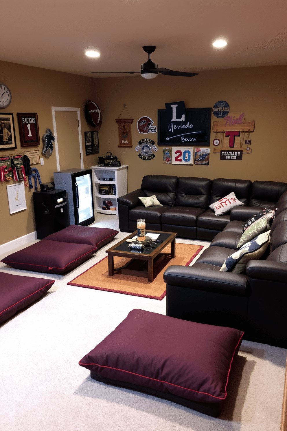 A cozy man cave featuring multiple floor cushions arranged around a low coffee table. The walls are adorned with sports memorabilia, and a large sectional sofa provides additional seating for guests. The space is illuminated by soft ambient lighting, creating a warm and inviting atmosphere. A mini-fridge and snack bar are positioned in one corner, ensuring easy access to refreshments during game nights.