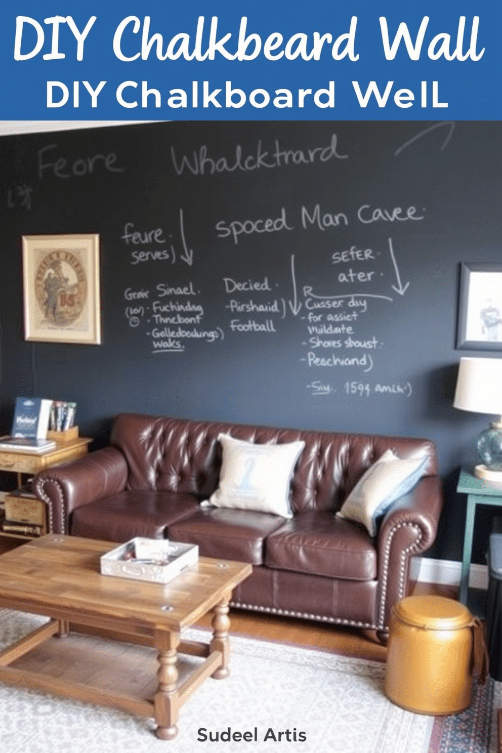 A DIY chalkboard wall serves as a playful and functional feature, perfect for jotting down fun notes and reminders. The wall is painted with chalkboard paint, creating an interactive space that invites creativity and spontaneity. For a budget man cave, consider incorporating comfortable seating like a thrifted leather sofa paired with a rustic coffee table. Add personal touches such as sports memorabilia and ambient lighting to create a cozy and inviting atmosphere.