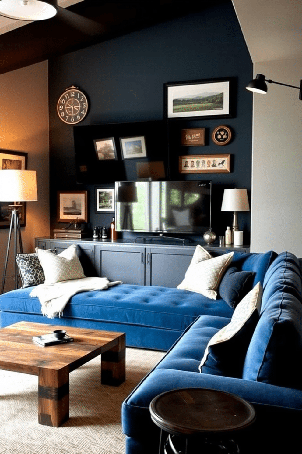 A cozy man cave designed for relaxation and entertainment. The space features a plush sectional sofa in deep blue, paired with a reclaimed wood coffee table and a large flat-screen TV mounted on the wall. The walls are adorned with framed memorabilia and artwork that reflect personal interests. Soft, ambient lighting from stylish floor lamps creates a warm atmosphere, while a mini-bar stocked with favorite beverages adds a touch of luxury.