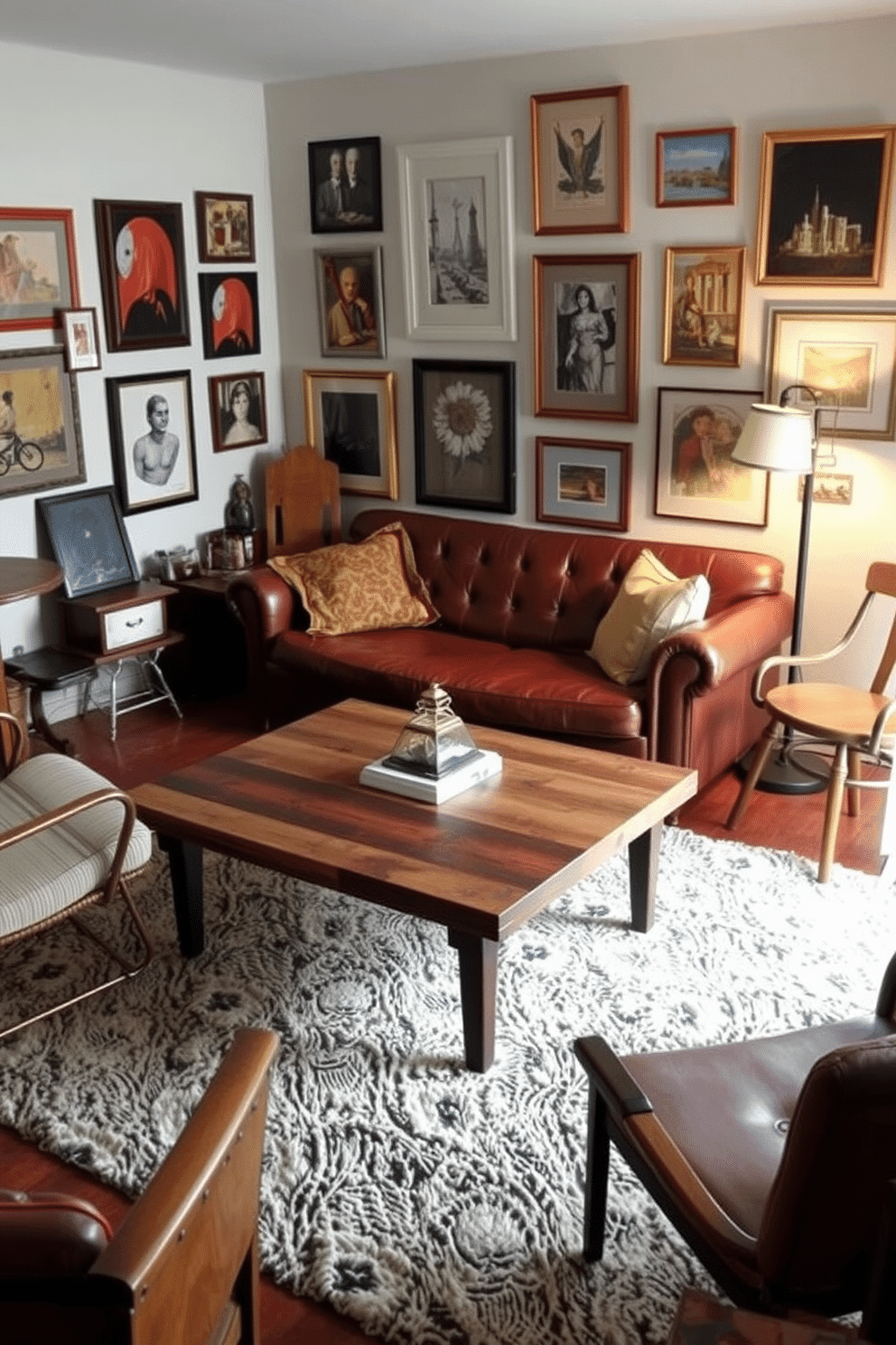 A cozy man cave featuring an eclectic mix of second-hand thrift store finds. A vintage leather sofa is paired with a reclaimed wood coffee table, surrounded by mismatched chairs that add character to the space. The walls are adorned with framed art pieces sourced from local thrift shops, creating a gallery-like feel. Soft lighting from a retro floor lamp enhances the inviting atmosphere, while a plush area rug ties the room together.