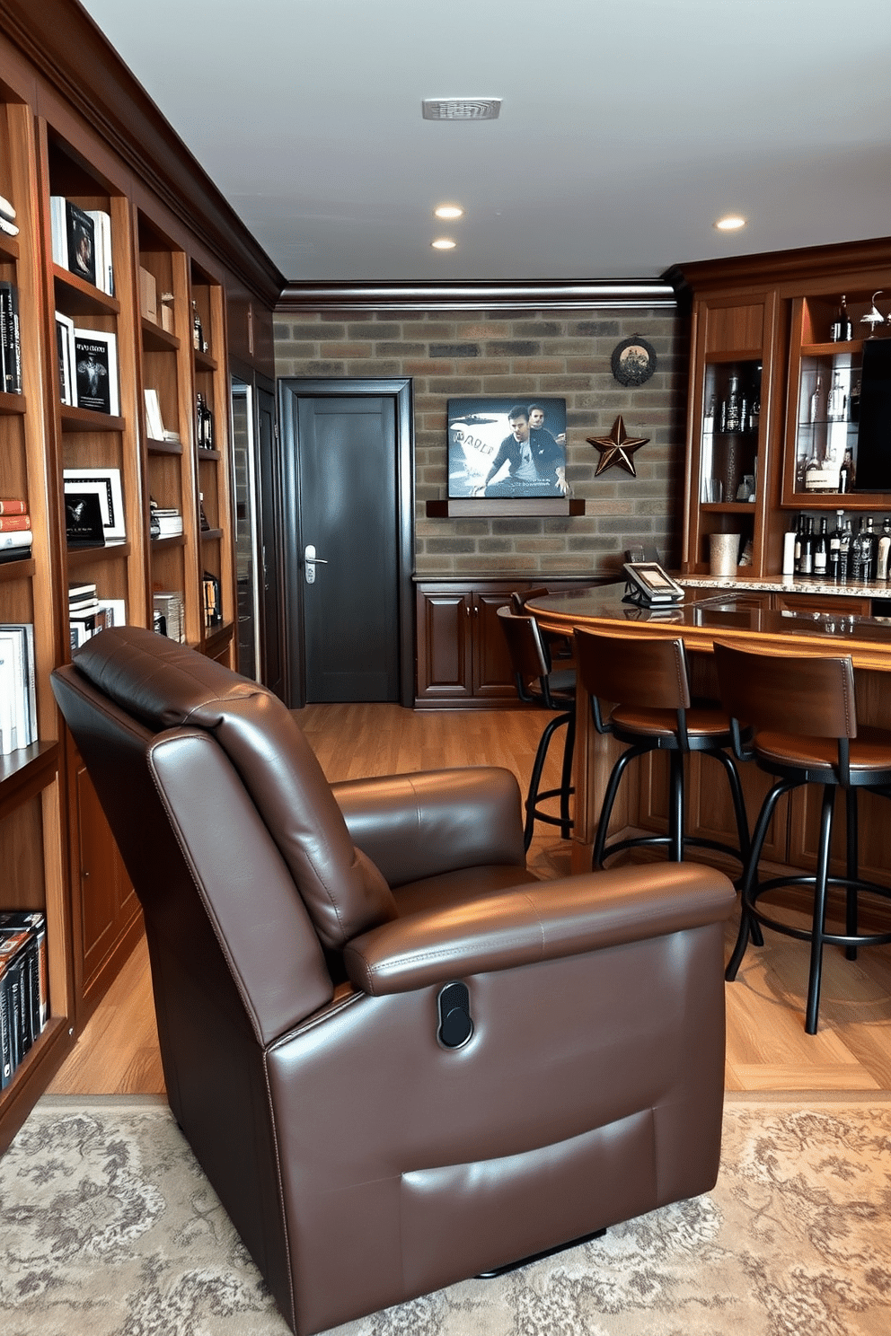 A cozy recliner chair is positioned in the corner of a stylish man cave, upholstered in soft leather with a deep, rich color. Surrounding the chair are rustic wooden shelves filled with books and memorabilia, creating an inviting atmosphere for relaxation. The man cave features a sleek bar area with high stools, showcasing a polished wooden countertop and an array of spirits displayed behind glass doors. A large flat-screen TV is mounted on the wall opposite the recliner, ensuring the perfect setup for enjoying movies and sports with friends.