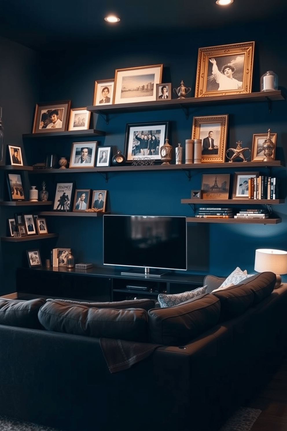 A cozy man cave featuring wall-mounted shelves adorned with various decor items. The shelves display a mix of framed photographs, vintage collectibles, and stylish books, creating a personalized and inviting atmosphere. The room is designed with a rich color palette of deep blues and warm grays. A plush sectional sofa faces a sleek entertainment unit, while ambient lighting enhances the overall comfort of the space.