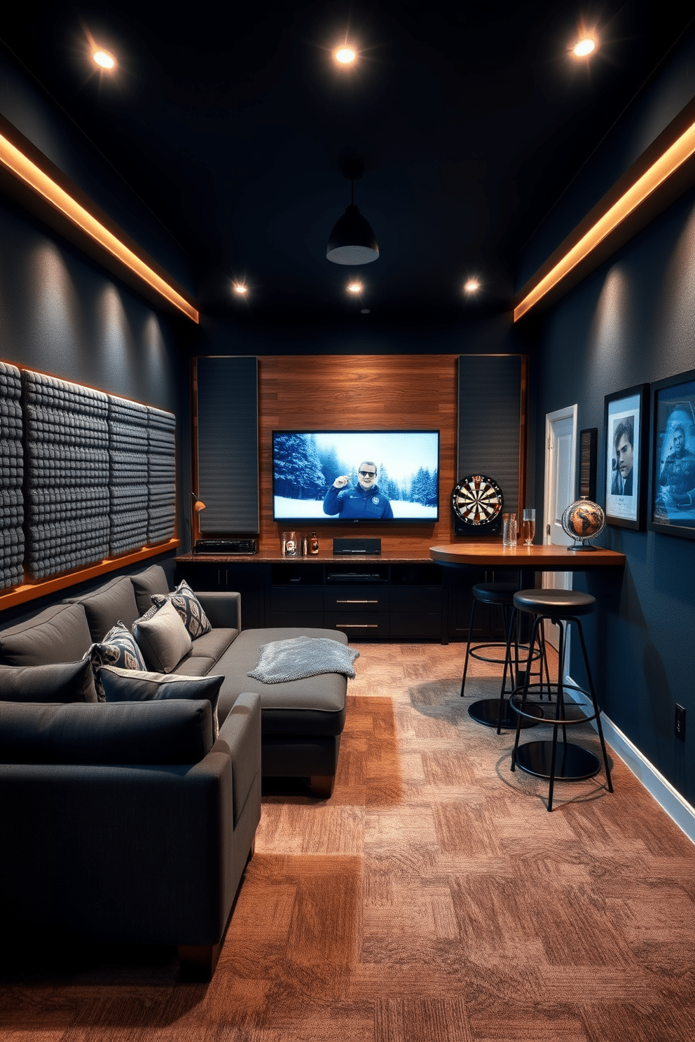 A cozy man cave designed for relaxation and entertainment, featuring soundproofing with stylish acoustic panels on the walls to enhance audio quality. The space includes a plush sectional sofa, a large flat-screen TV mounted above a sleek entertainment unit, and ambient lighting that creates a warm atmosphere. The color palette consists of deep blues and grays, complemented by wooden accents for a rustic touch. A mini bar area with high stools and a dartboard adds to the fun, while framed artwork and personal memorabilia personalize the space.