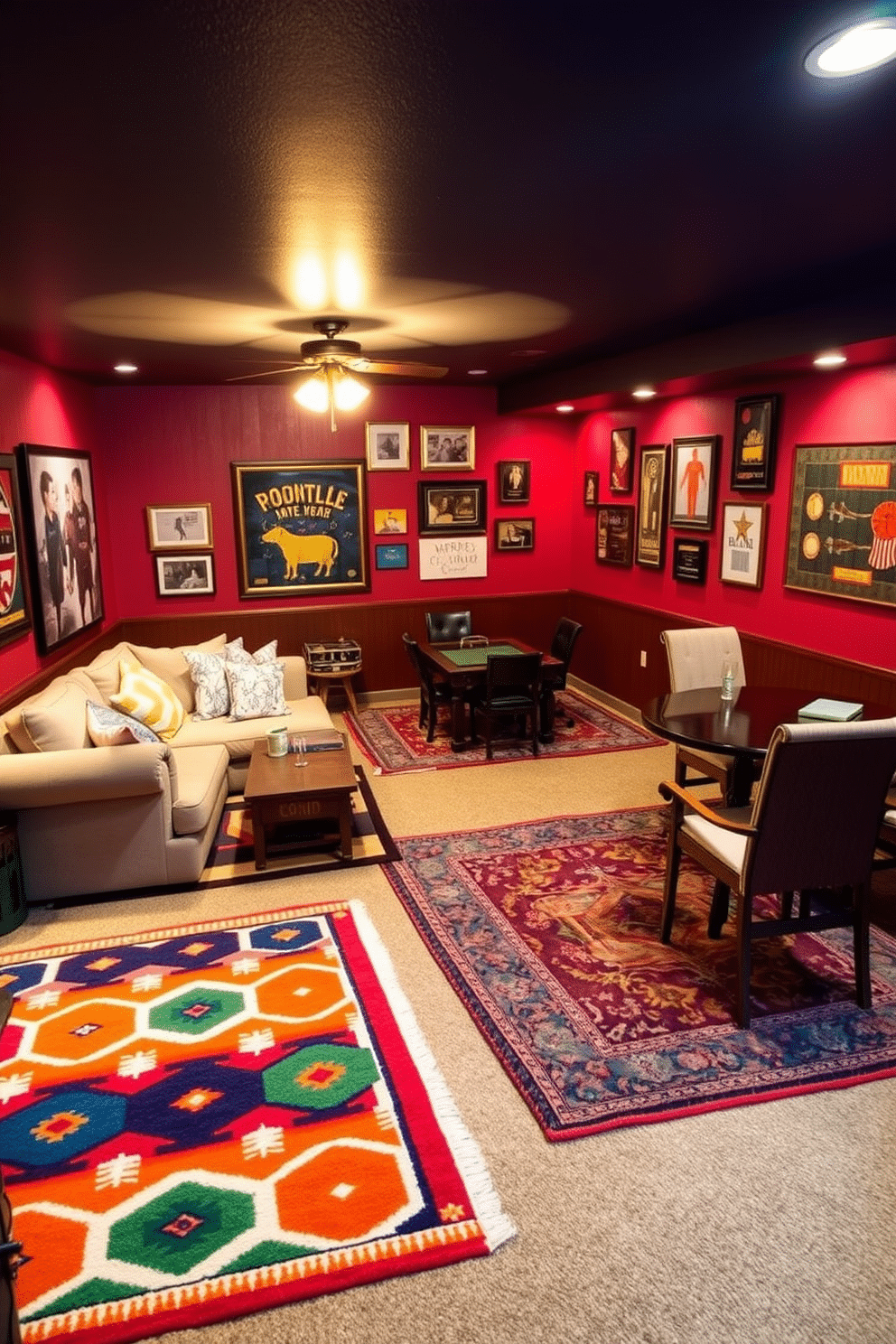 A vibrant man cave featuring colorful rugs that define distinct zones for relaxation and entertainment. The space includes a cozy seating area with a plush sectional sofa, complemented by a bold, geometric-patterned area rug that adds a playful touch. In one corner, a game table is surrounded by mismatched chairs, with a colorful Persian rug anchoring the space. The walls are adorned with framed sports memorabilia and ambient lighting creates a warm, inviting atmosphere.