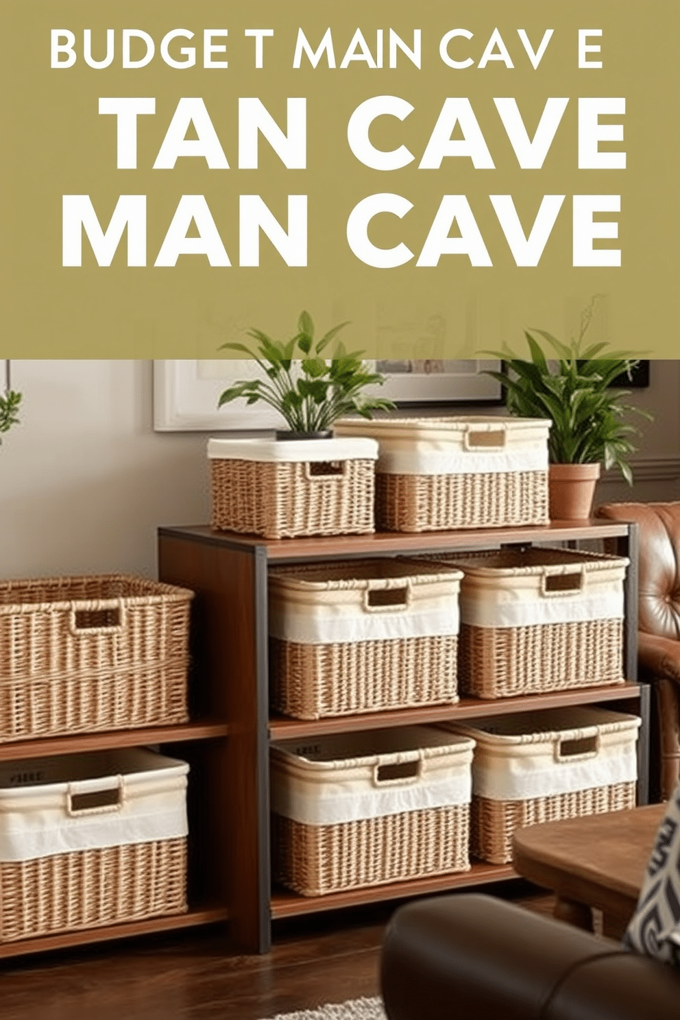 Stylish storage bins for organization: A collection of chic storage bins crafted from natural wicker, each featuring a soft cotton lining. The bins are arranged on a sleek wooden shelf, blending functionality with aesthetic appeal, while a nearby potted plant adds a touch of greenery. Budget Man Cave Design Ideas: A cozy man cave featuring a mix of vintage and modern furniture, including a reclaimed wood coffee table and a comfortable leather sofa. The walls are adorned with framed sports memorabilia and ambient lighting creates a relaxed atmosphere for entertaining friends.