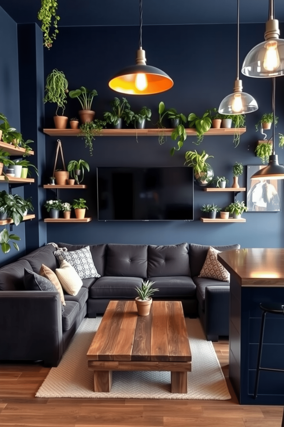 A cozy man cave featuring hanging plants that create a fresh and inviting atmosphere. The walls are painted in a deep navy blue, and a plush sectional sofa is positioned in the center, surrounded by wooden shelves adorned with various potted plants. A rustic coffee table made from reclaimed wood sits in front of the sofa, while a large flat-screen TV is mounted on the opposite wall. Soft ambient lighting from stylish pendant lamps enhances the relaxed vibe, and a small bar area with stools completes the space, making it perfect for entertaining friends.