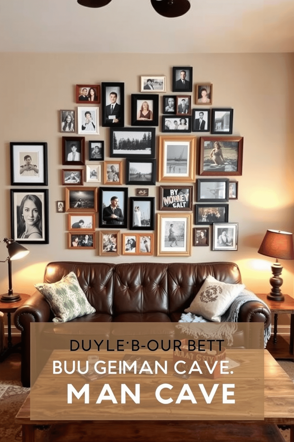 A creative DIY photo collage adorns the walls, featuring an eclectic mix of framed memories and artistic prints. The arrangement is thoughtfully curated, combining various frame styles and sizes to create a visually engaging focal point. The budget man cave design incorporates rustic elements with modern comforts, showcasing a cozy seating area with a leather sofa and a reclaimed wood coffee table. Ambient lighting from vintage-style lamps casts a warm glow, enhancing the relaxed atmosphere perfect for entertaining friends.