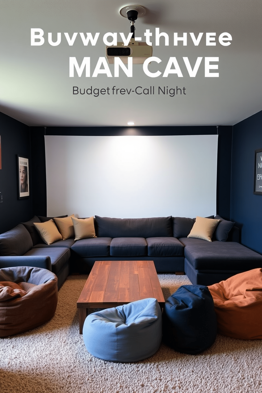 A cozy man cave designed for budget-friendly movie nights. The space features a comfortable sectional sofa adorned with soft throw pillows, positioned in front of a portable projector that displays films on a blank wall. To add character, the walls are painted a deep navy blue, creating an inviting atmosphere. A low coffee table made from reclaimed wood sits in the center, surrounded by a few bean bags for extra seating and relaxation.