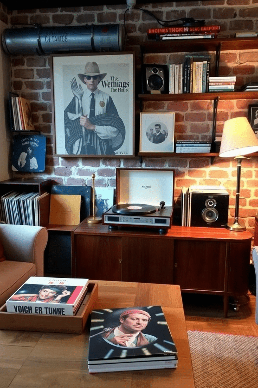 A vintage record player sits elegantly on a mid-century modern console, surrounded by a curated selection of vinyl records. The warm glow of a nearby floor lamp casts a cozy light, creating an inviting atmosphere perfect for relaxation and music appreciation. Incorporating budget-friendly elements, the man cave features a reclaimed wood coffee table paired with comfortable thrifted sofas. Exposed brick walls add character, while strategically placed shelves display personal memorabilia and books, enhancing the space's unique charm.