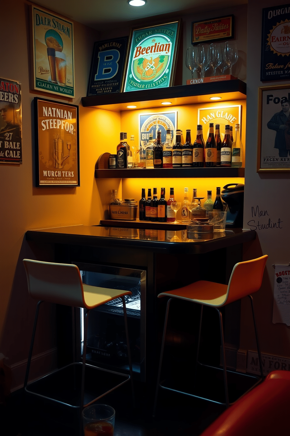 A cozy small bar area featuring sleek, modern stools with a minimalist design. The bar is constructed from dark wood with a polished countertop, complemented by ambient lighting that creates a warm atmosphere. The walls are adorned with vintage beer posters, adding a touch of personality to the space. A compact refrigerator is tucked beneath the bar, while shelves above display an assortment of spirits and glassware, enhancing the inviting feel of the man cave.