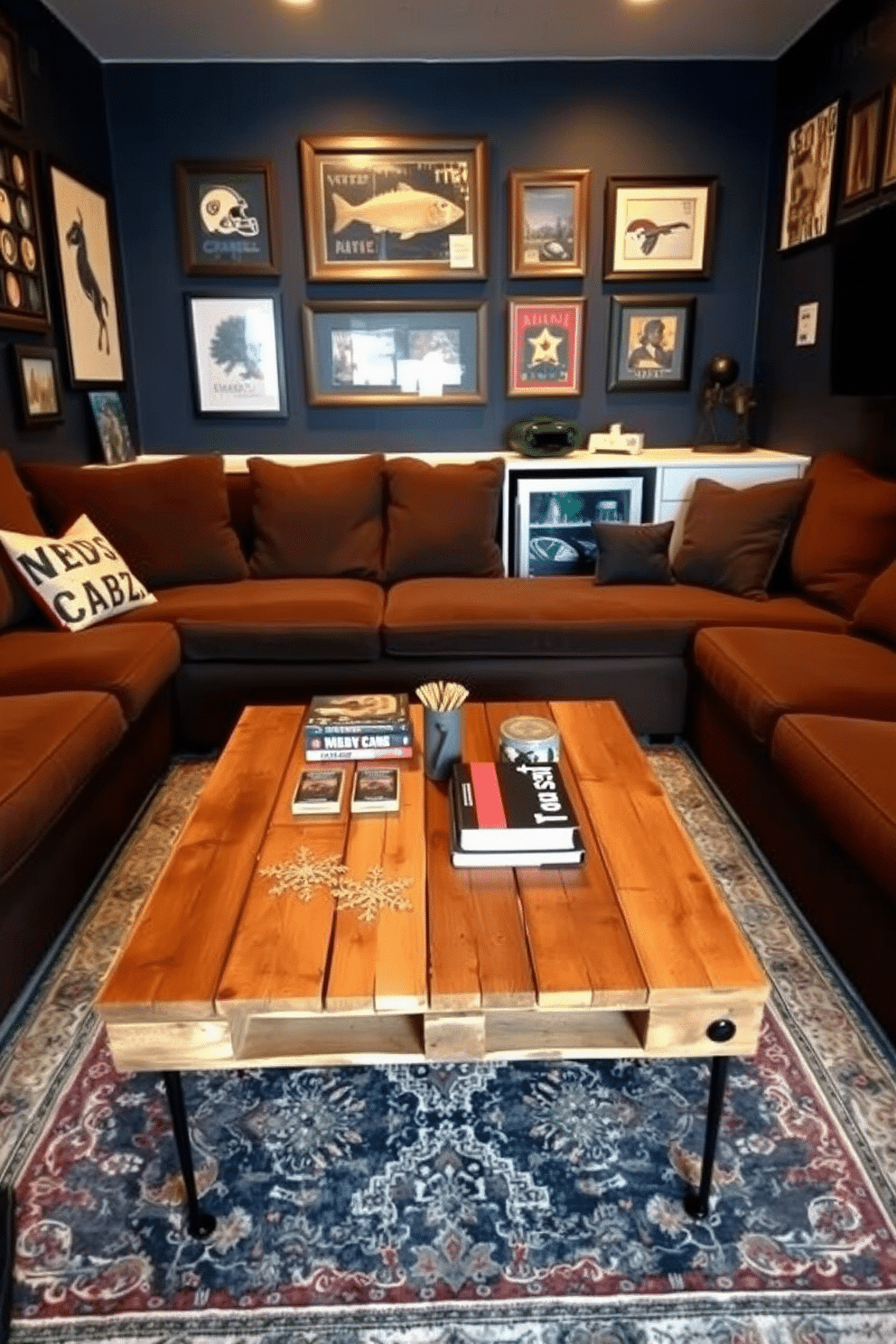 A rustic DIY pallet wood coffee table sits at the center of a cozy man cave, surrounded by a plush sectional sofa and a vintage rug. The table features a weathered finish, with metal hairpin legs that add a modern touch, while an assortment of books and decorative coasters adorn its surface. The walls are painted a deep navy blue, creating an inviting atmosphere, complemented by framed sports memorabilia and ambient lighting. A mini-fridge is tucked into the corner, stocked with beverages, and a wall-mounted TV provides entertainment for a laid-back evening with friends.