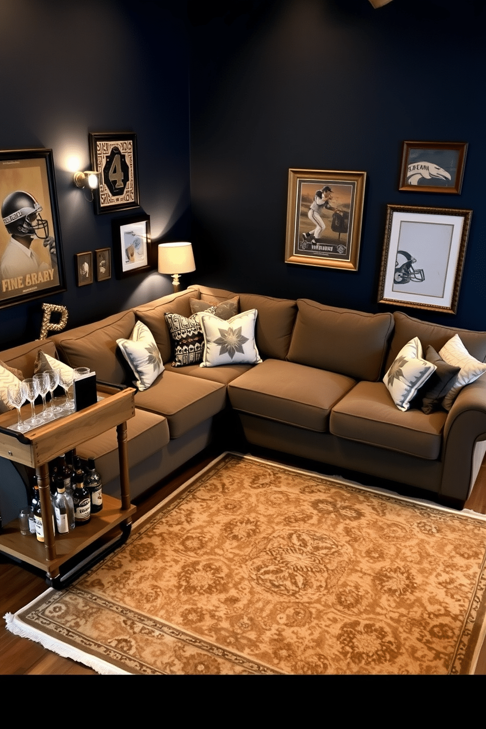 A cozy man cave featuring a large sectional sofa adorned with decorative throw pillows in various textures and patterns for added comfort. The walls are painted a deep navy blue, and ambient lighting creates a warm and inviting atmosphere. In the corner, a rustic wooden bar cart holds an assortment of drinks and glassware, while a vintage rug anchors the seating area. Framed sports memorabilia and artwork decorate the walls, adding a personal touch to the space.