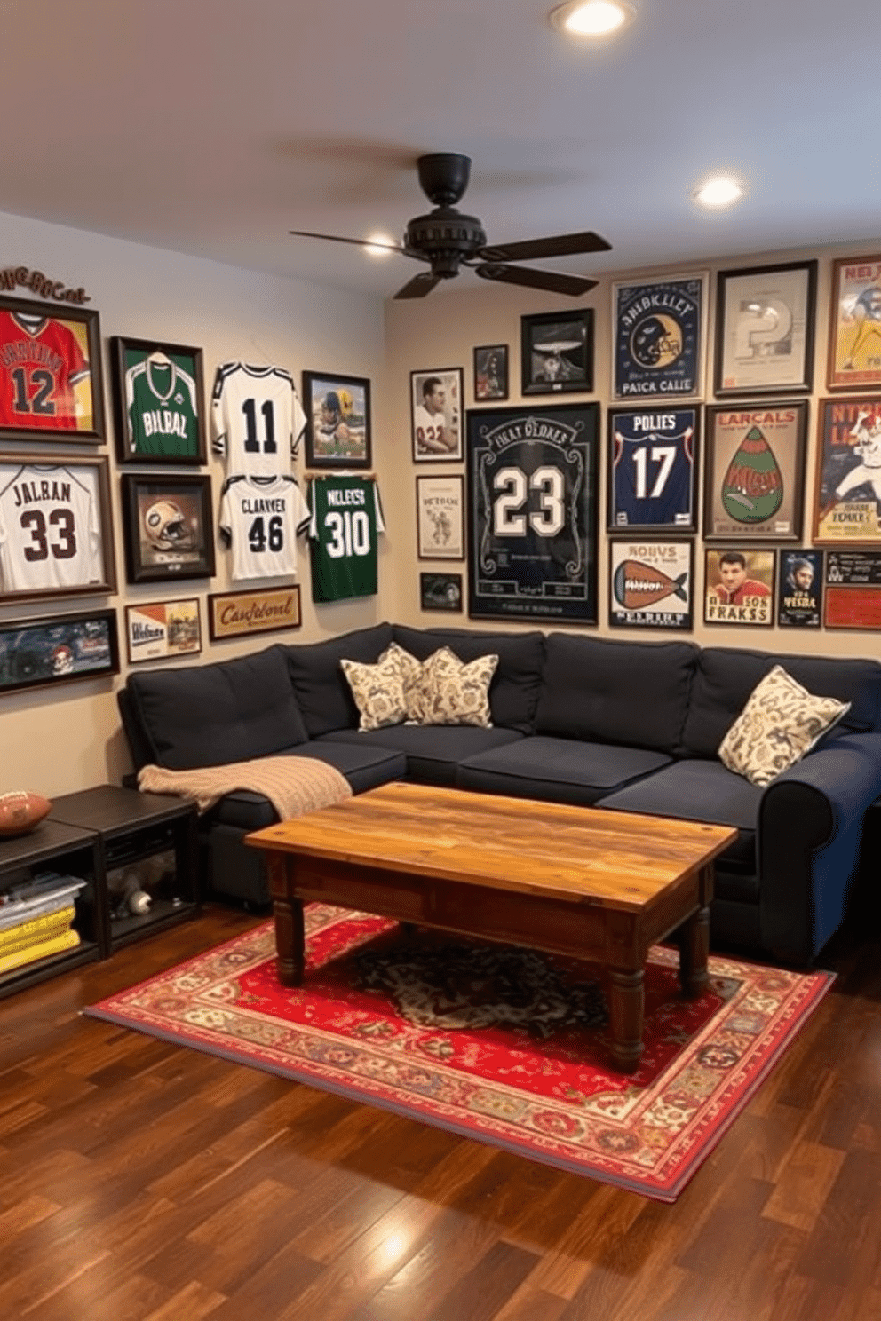 A cozy man cave featuring vintage sports memorabilia displayed on the walls, including framed jerseys, signed photographs, and retro posters. The space is illuminated by soft lighting, creating a warm atmosphere perfect for relaxation and entertainment. Incorporate a comfortable sectional sofa in a deep navy hue, complemented by a rustic wooden coffee table. The flooring is a dark laminate, and a vintage rug adds a pop of color, tying the room together with a casual yet stylish vibe.