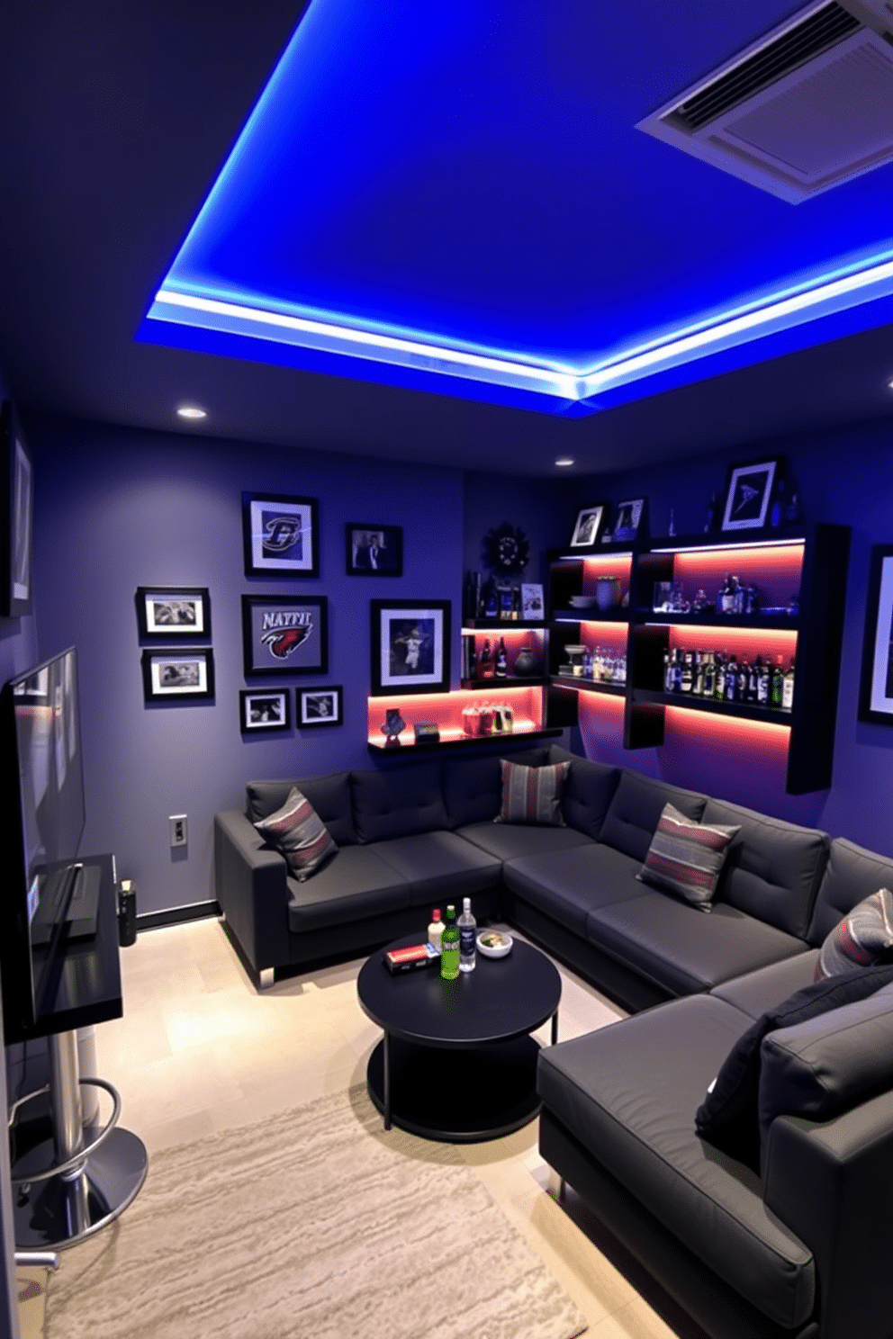 A stylish man cave featuring smart LED strip lighting that highlights the edges of the ceiling and shelves, creating a vibrant atmosphere. The space is furnished with a plush sectional sofa in dark gray, complemented by a sleek coffee table and a wall-mounted flat-screen TV for the ultimate entertainment experience. The walls are adorned with framed sports memorabilia and artwork, adding a personal touch to the design. A mini bar area with high stools and a selection of drinks is positioned in one corner, making it a perfect spot for relaxation and socializing.