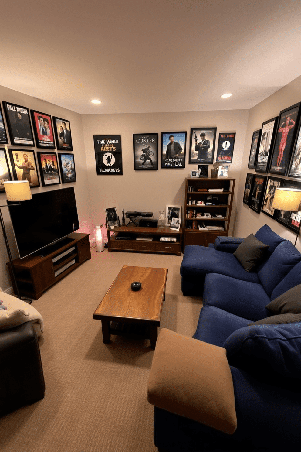 A cozy man cave featuring framed posters of favorite movies adorning the walls, creating an inviting atmosphere. The room is furnished with a plush sectional sofa in a deep navy blue, complemented by a rustic wooden coffee table at the center. In one corner, a sleek entertainment unit houses a large flat-screen TV, surrounded by shelves displaying collectibles and memorabilia. Soft, ambient lighting from stylish floor lamps casts a warm glow, enhancing the space's relaxed vibe.