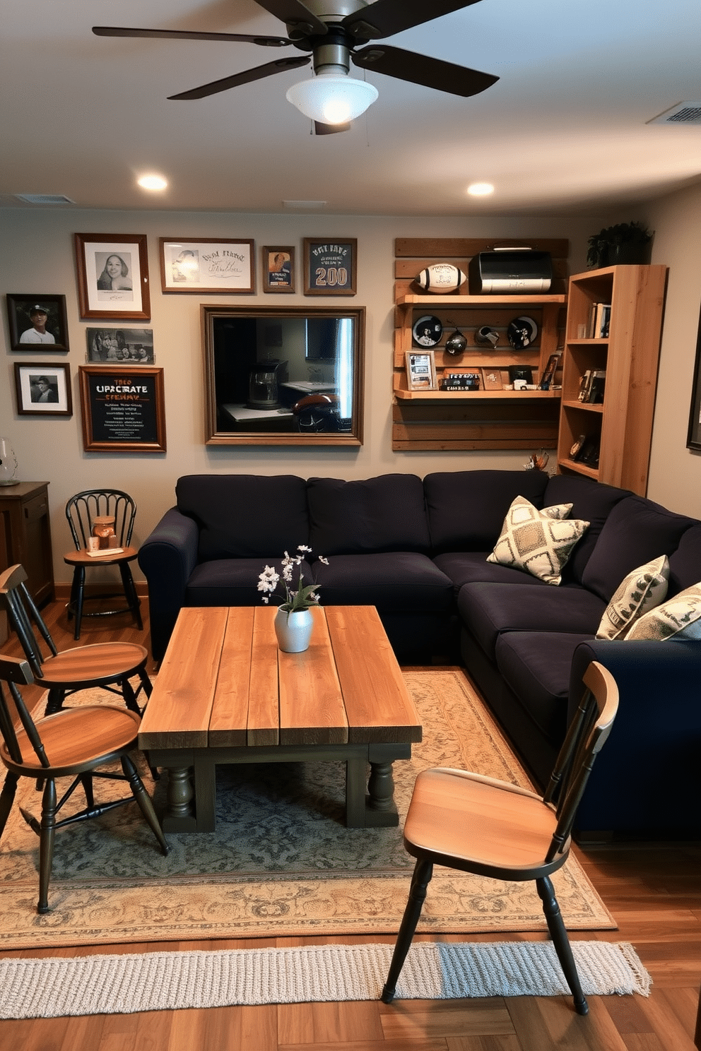 A cozy man cave featuring repurposed furniture that adds a unique touch to the space. The centerpiece is a reclaimed wood coffee table surrounded by mismatched vintage chairs, creating an inviting atmosphere. The walls are adorned with framed sports memorabilia and rustic shelving made from old pallets. A plush, oversized sectional couch in a deep navy hue complements the warm tones of the repurposed wood, while ambient lighting sets a relaxed mood.