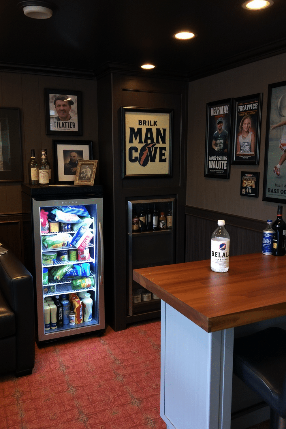 A cozy man cave featuring a stylish mini fridge stocked with an assortment of snacks and drinks. The space is designed with comfortable seating, dark wood accents, and ambient lighting to create a relaxed atmosphere. The walls are adorned with sports memorabilia and framed posters, adding a personal touch to the decor. A small bar area complements the mini fridge, complete with bar stools and a rustic wooden countertop.