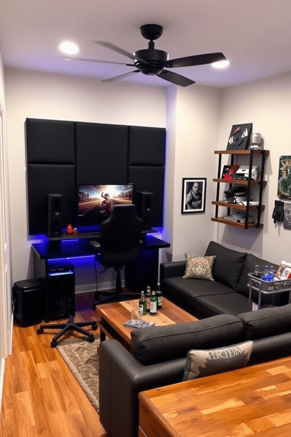 A compact gaming station setup featuring a sleek black desk with built-in LED lighting. The wall behind the desk is adorned with soundproof panels, and a comfortable ergonomic chair is positioned in front of a dual-monitor setup. Budget man cave design ideas include a cozy seating area with a sectional sofa upholstered in durable fabric. A reclaimed wood coffee table sits at the center, surrounded by wall-mounted shelves displaying gaming memorabilia and a small bar cart in the corner stocked with drinks.