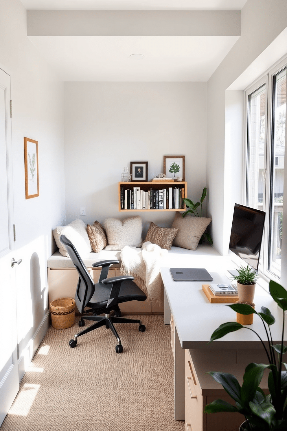 A cozy corner featuring a comfortable window seat adorned with plush cushions and a soft throw blanket. Natural light floods the space through the large window, highlighting a small bookshelf filled with well-loved novels and decorative items. The study room is designed with a budget-friendly approach, showcasing a simple yet functional desk paired with an ergonomic chair. Light-colored walls and a minimalist aesthetic create an inviting atmosphere, while a few potted plants add a touch of greenery to the space.