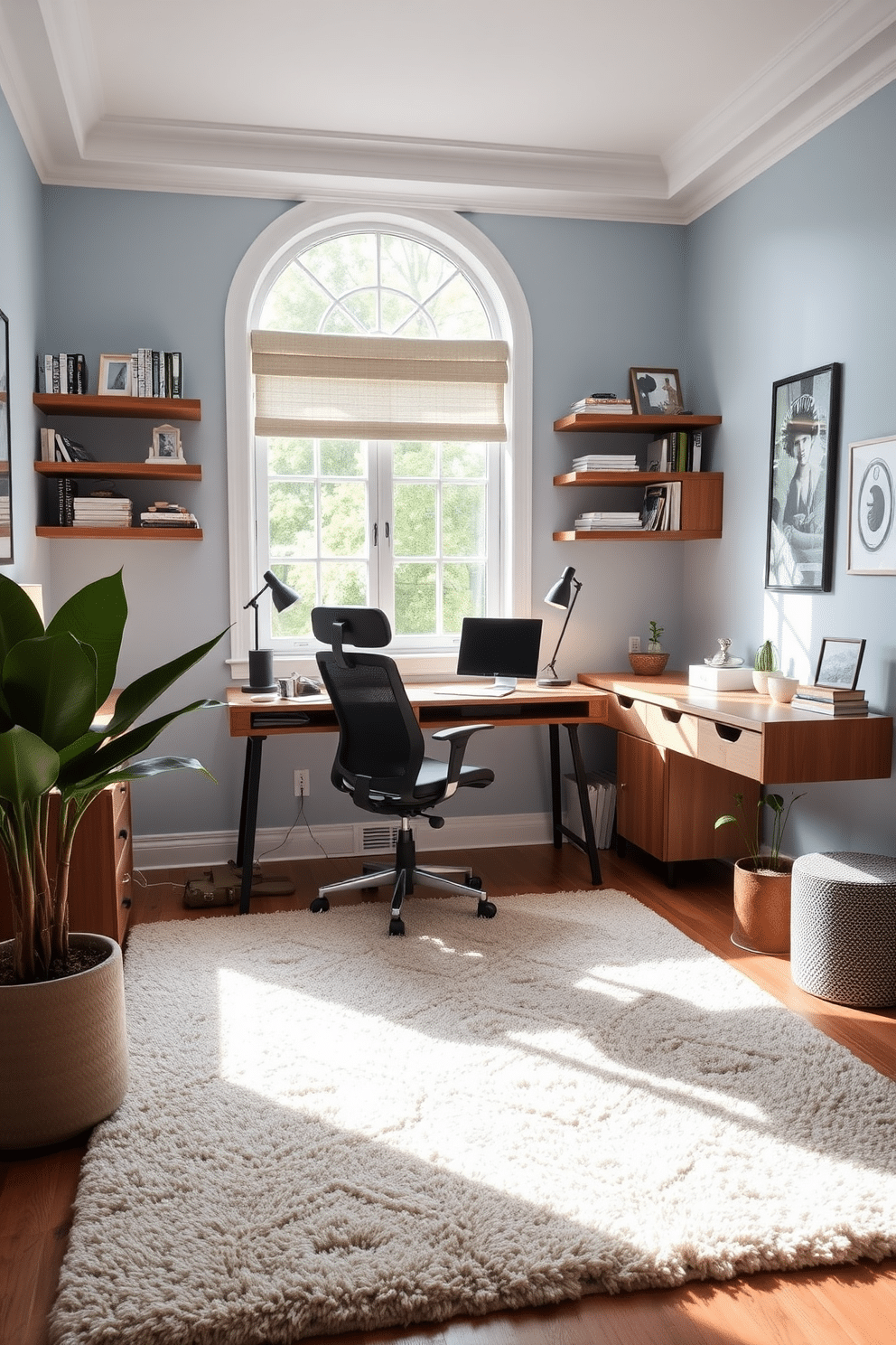 A stylish study room designed for comfort features a plush area rug that adds warmth and texture to the space. The room is anchored by a sleek wooden desk paired with a comfortable ergonomic chair, creating an inviting workspace. The walls are painted in a calming light blue, complemented by floating shelves that display books and decorative items. A large window allows natural light to flood the room, and a potted plant in the corner brings a touch of nature indoors.